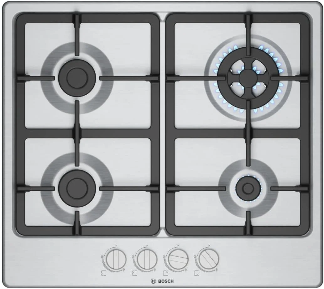 Bosch Kochfeld, 60 cm, Silber, PGH6B5K90 Serie 4 Gas 4 Brenner Edelstahl