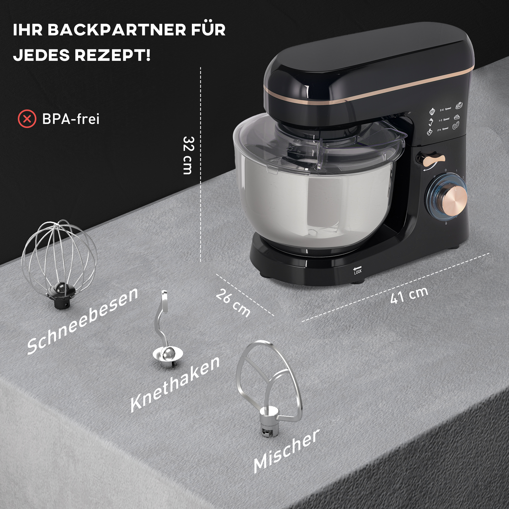 Staande Mixer, Keukenmachine, Mixer, 6 Standen, 5,5L Roestvrijstalen Kom, Zwart