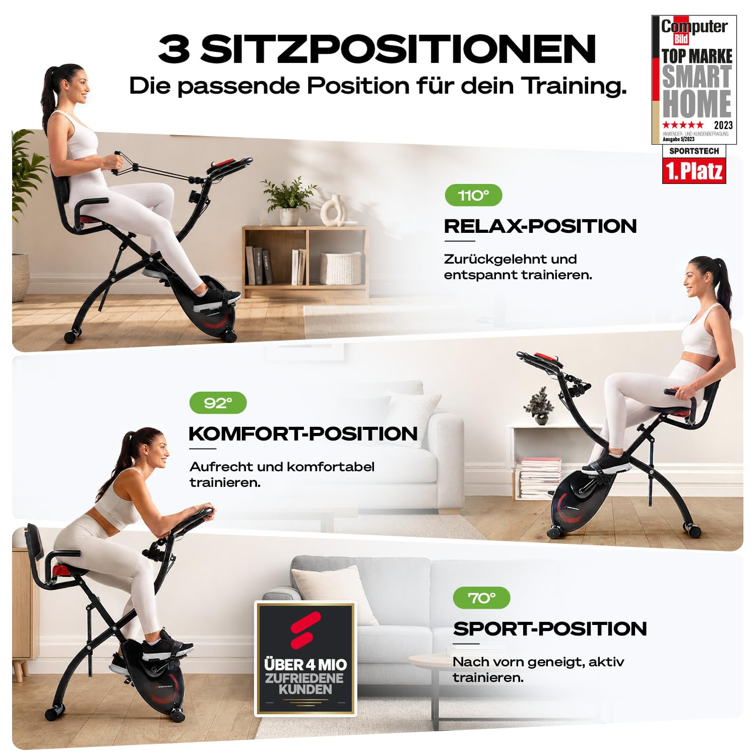 3-in-1 Heimtrainer Fahrrad klappbar mit tiefem Einstieg, X150, bis 150 kg, magnetischer Widerstand, LCD-Display
