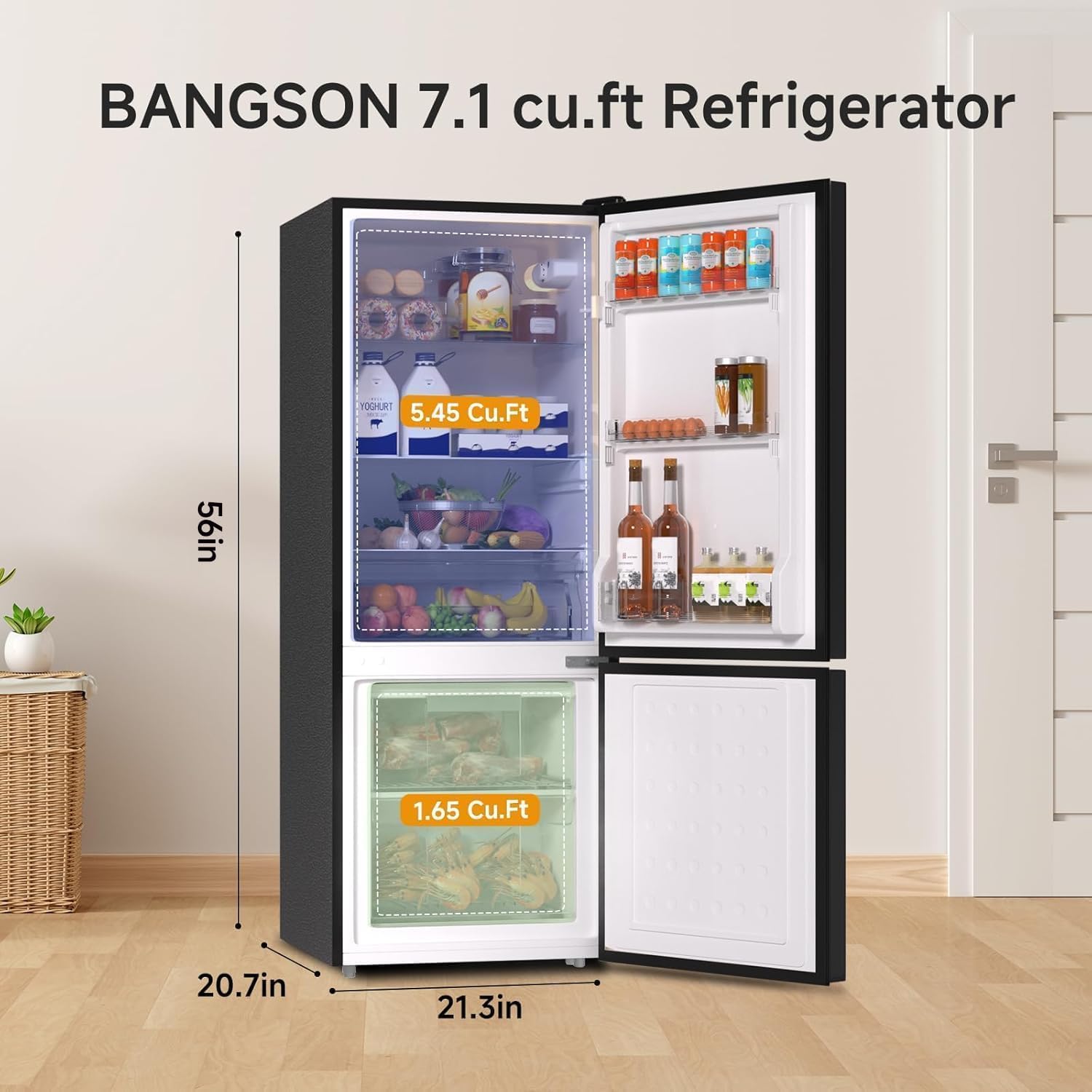 BANGSON Refrigerator 7.1 Cu.Ft Bottom Freezer Black Apartment