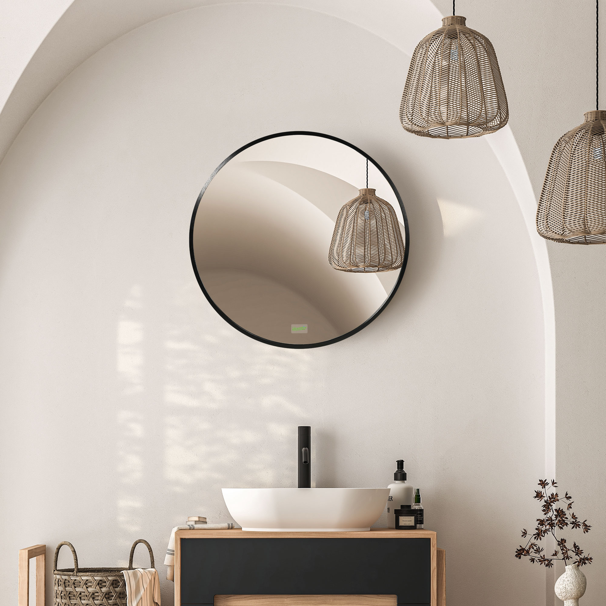 kleankin Runder Wandspiegel für Bad, Schlafzimmer, Flur, Metallrahmen, Farbe: Schwarz, Ø50