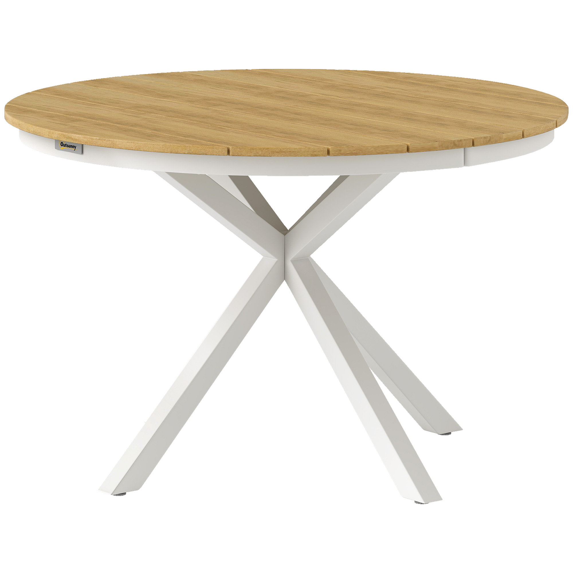 Outsunny Gartentisch Ø118cm, Wetterfest Balkontisch aus Aluminium, Beistelltisch mit Kreuzbeine Lattendesign Teak