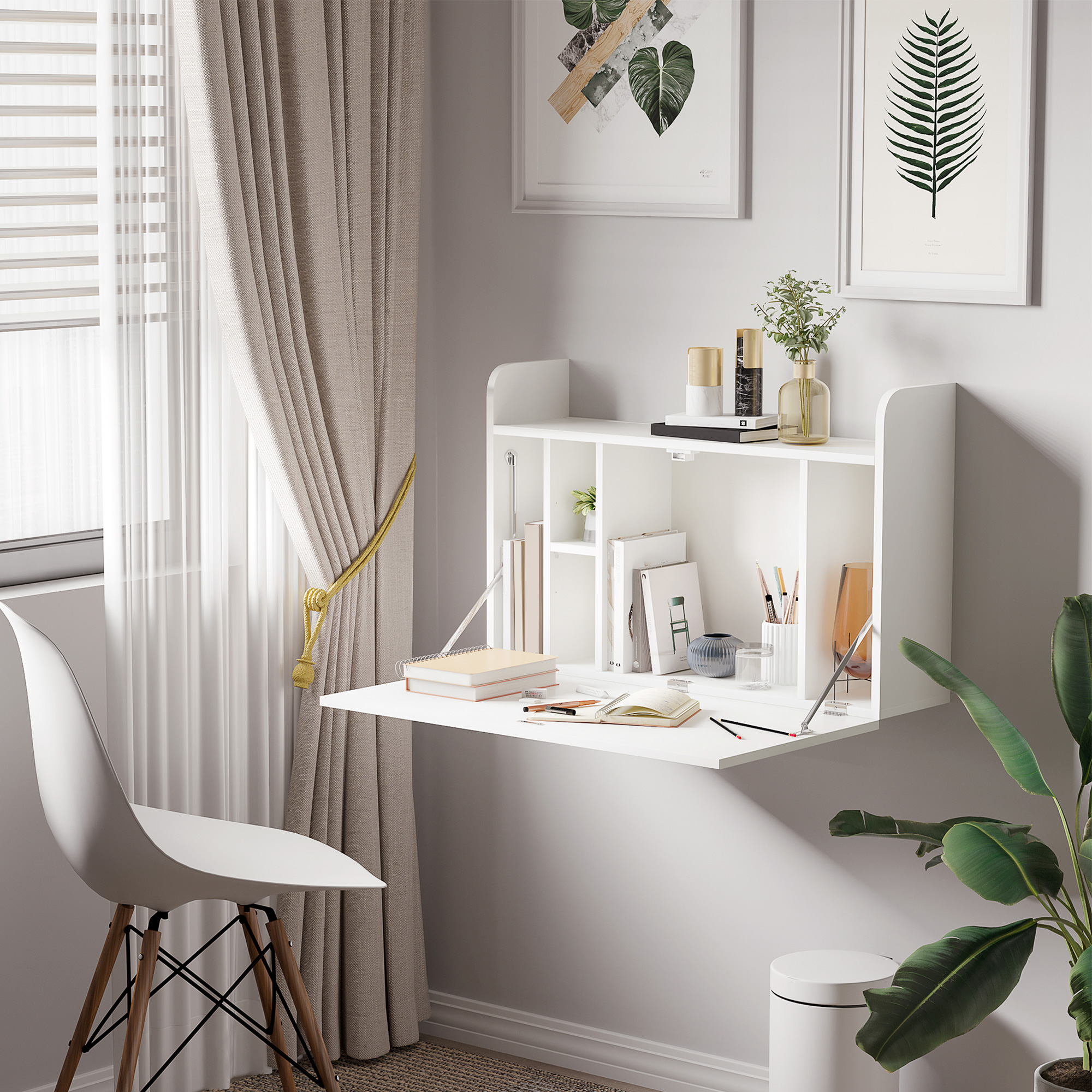 HOMCOM Wandklapptisch mit Regalen, 77 cm x 20 cm x 51 cm, Weiß
