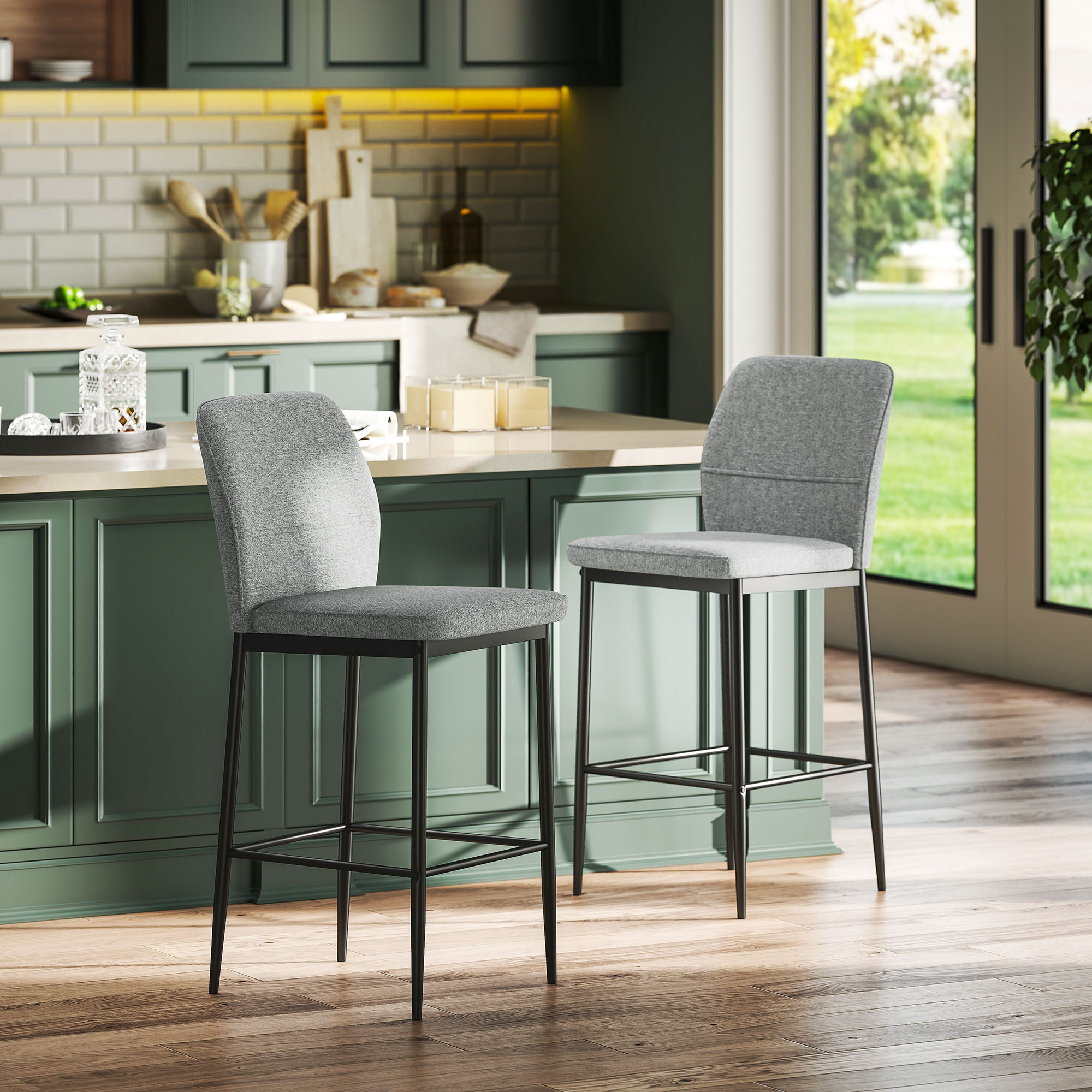 HOMCOM Set 2 moderne Barhocker aus Samt mit Fußstütze und Rückenlehne, 41x52x97 cm, Grau