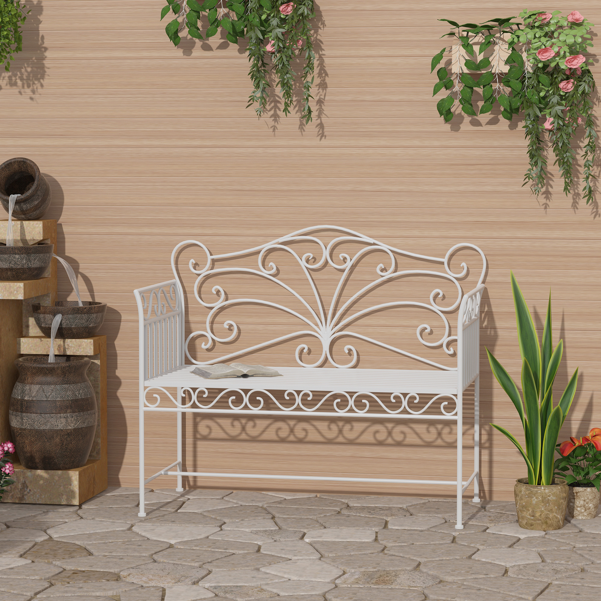 Outsunny 2-Sitzer Gartenbank robust, Parkbank rostfrei Sitzbank Bank Gartenmöbel 107cm x 55,5cm x 90,5cm, Weiß