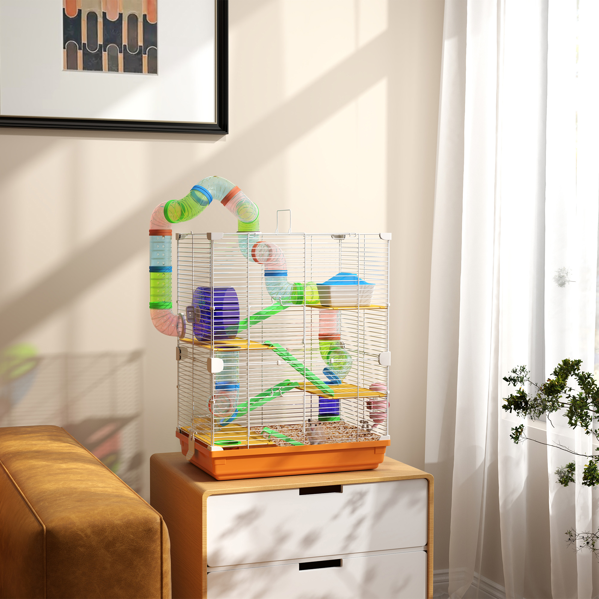 PawHut Käfig für Hamster Nagetier 4 Etagen mit Tunneln Futternapf Laufrad Häuschen Leitern Ø 46 x 30 x 58 cm Orange