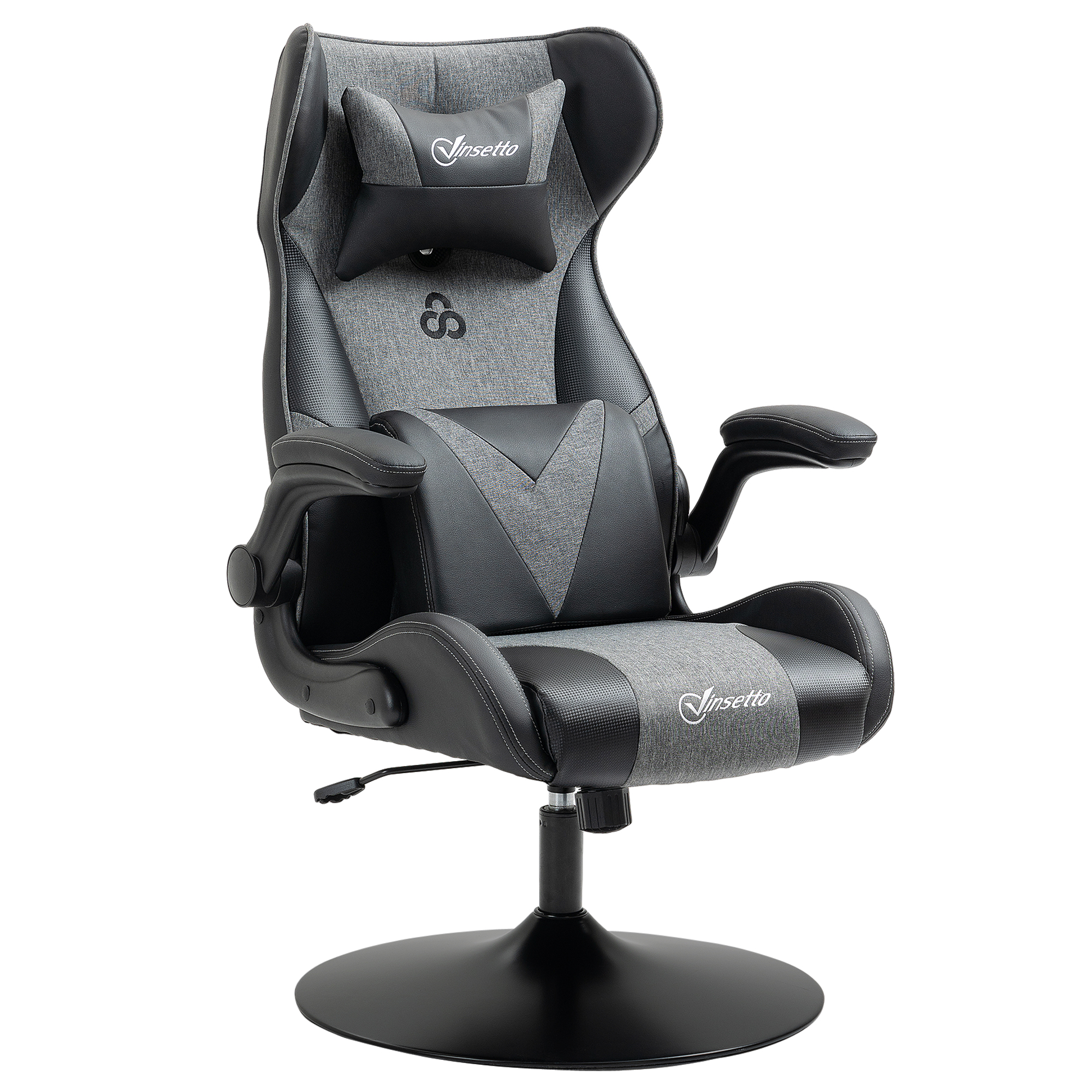 Vinsetto Ergonomischer Gaming-Stuhl mit höhenverstellbarer runder Basis, klappbaren Armlehnen, Nackenkissen und Lendenkissen aus PU in Grau und Schwarz