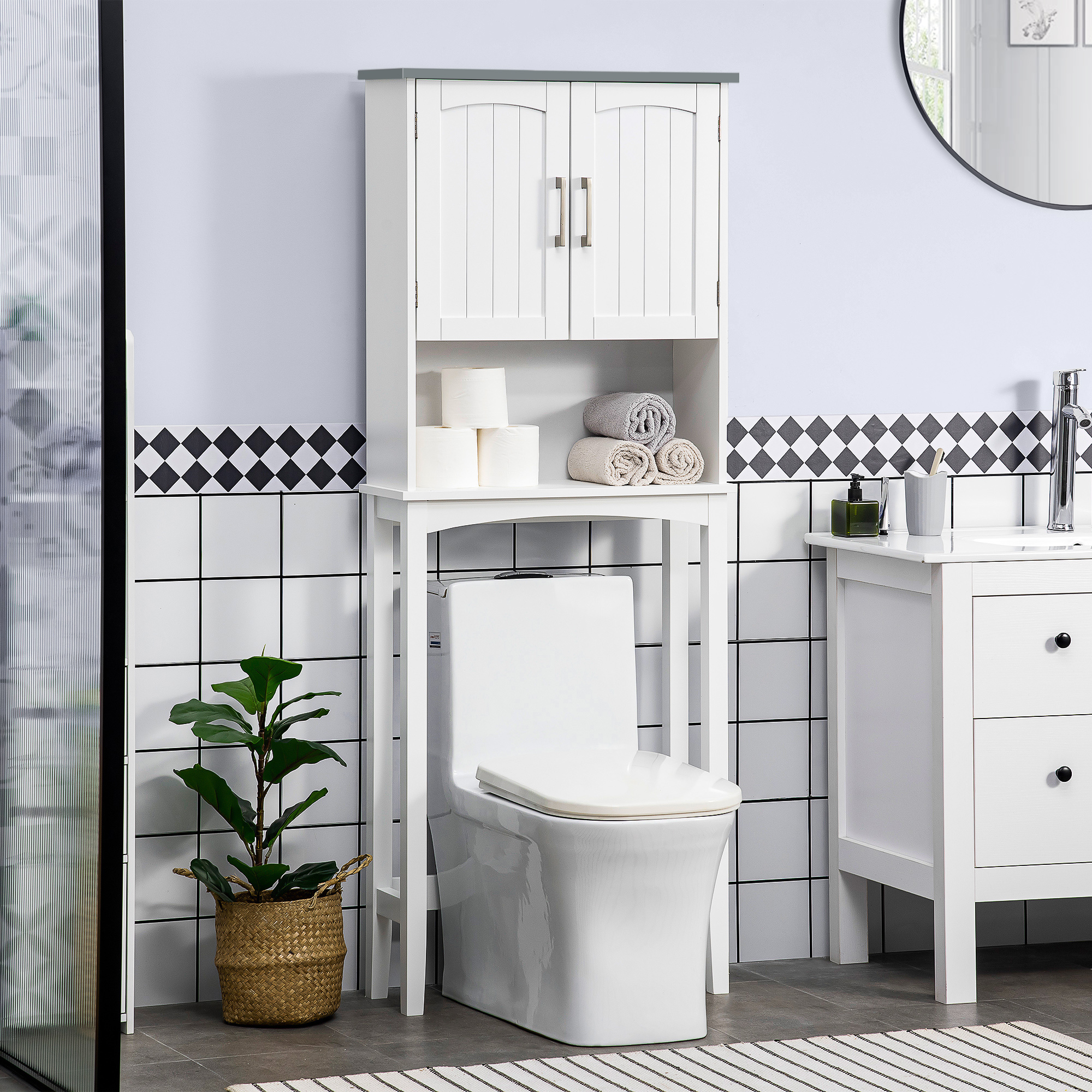 kleankin WC-Regal über Toilette mit doppelter Tür, verstellbarem Regal und offenen Fächern, Grau