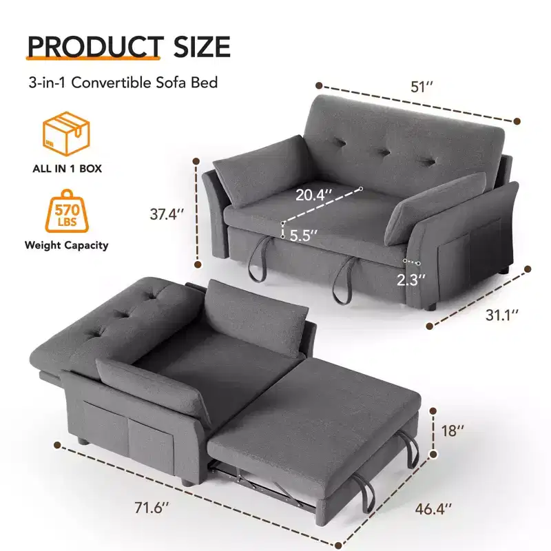 Chenille Sleeper Sofa Bed, Convertible Couch with Pull-Out Bed for Living Room