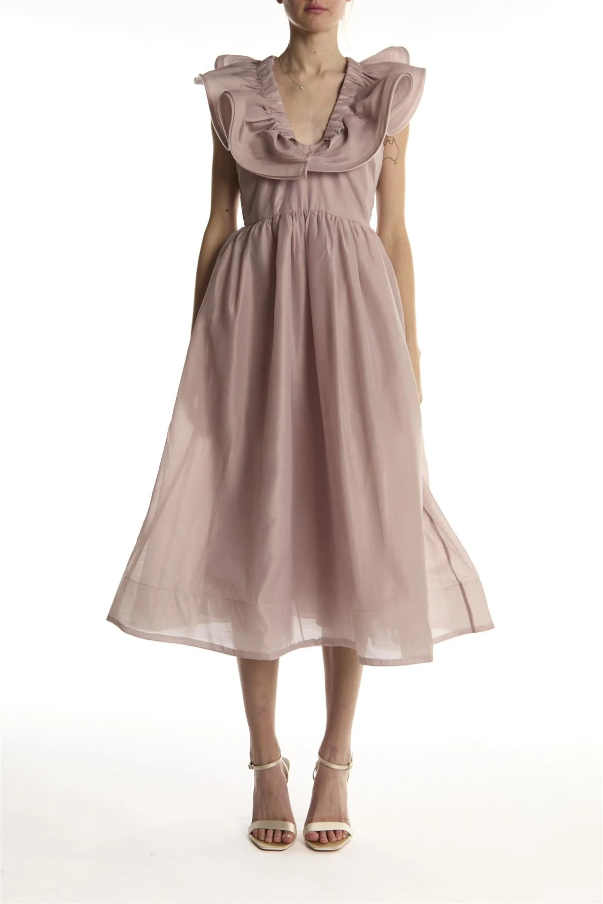 Dusty Mauve Ruffle V neck Midi Dress