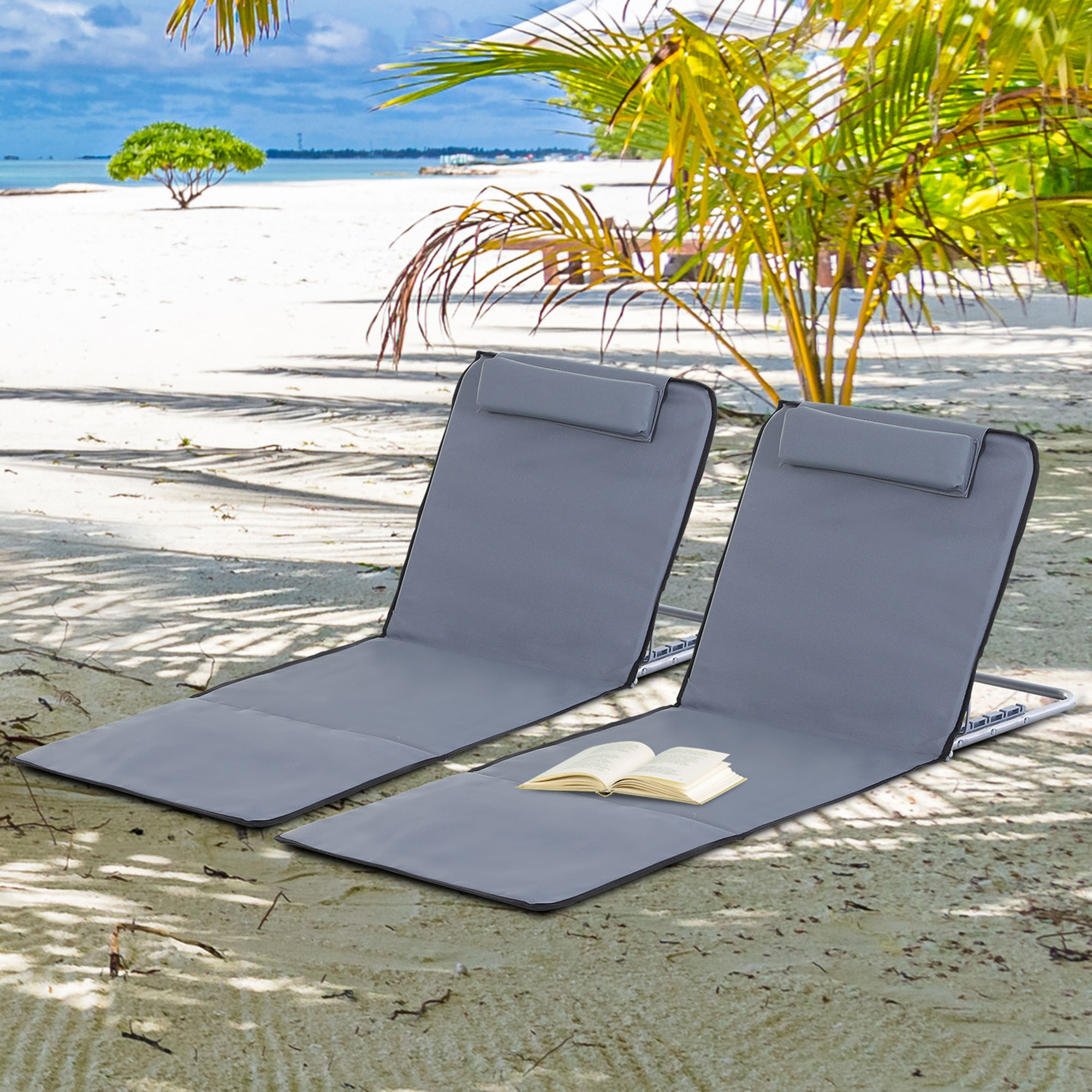 Outsunny Sonnenliege klappbar Gartenliege mit Kopfkissen Liegestuhl mit 5-Fach verstellbare Rückenlehne Strandliege mit Tragetasche Gartenstuhl für Garten Urlaub Outdoor Strand Pool, Grau
