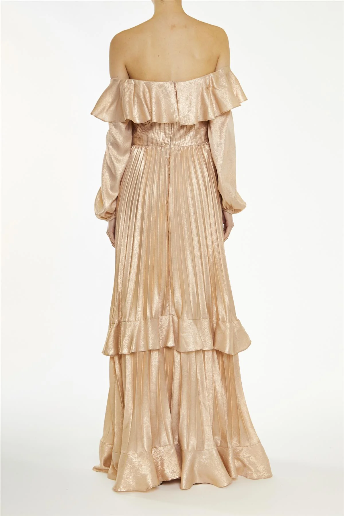 Adrianna Metallic-Copper Pleated Bardot Maxi-Dress