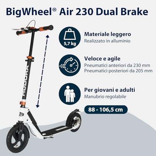 HUDORA Monopattino BigWheel Air 230   Monopattino con/senza freno a mano   Monopattino in alluminio resistente con pneumatici   Regolabile in altezza e pieghevole, per carico fino a 120 kg : Sport e tempo libero