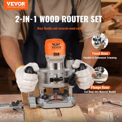 VEVOR Oberfräse Trimmer 800W Kantenfräse 10000-30000U/min Einhandfräse 6 Geschwindigkeiten Multifunktionsfräse Rollenführung Schraubenschlüssel(13*138 mm, 22*165 mm) für unterschiedliche Holzarten