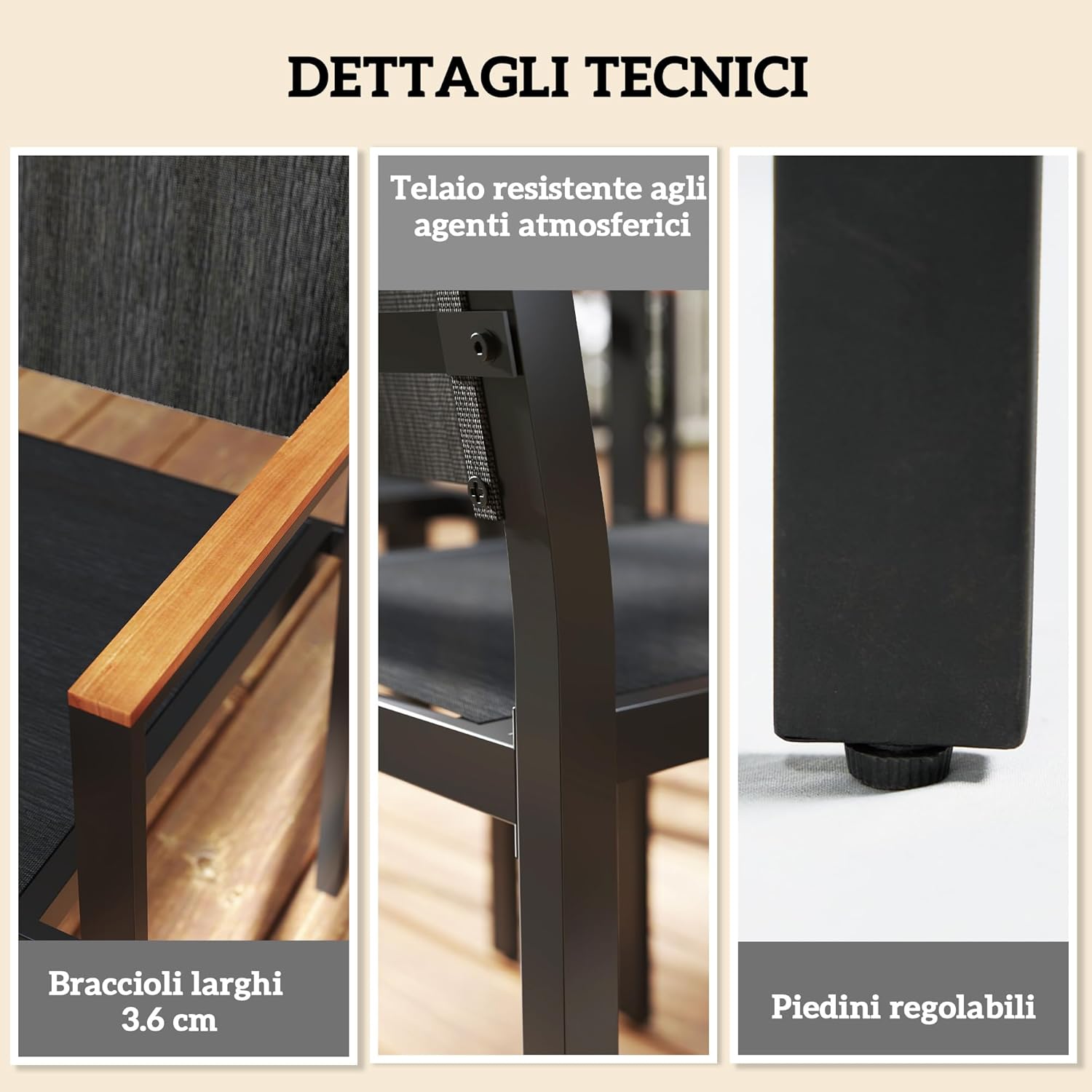 Outsunny Set Tavolo e Sedie da Esterno da 7 Pezzi, Set da Pranzo con Tavolo e 6 Sedie Impilabili con Braccioli, Mobili da Esterno in Acciaio, Texteline e Legno di Acacia per Terrazza, Teak
