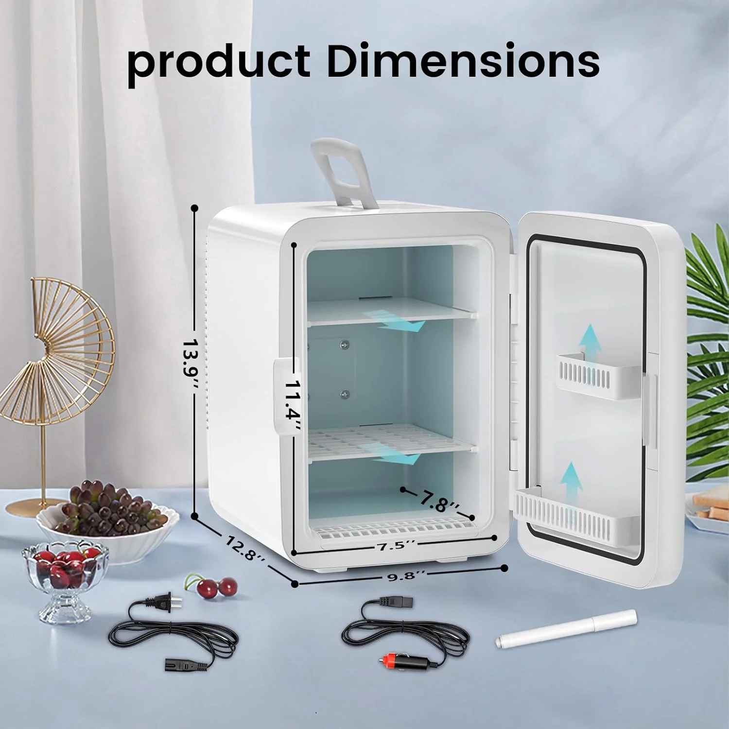 Compact  Fridge, 15 Can Portable Small Refrigerator with  Adapters, 10 Liter White Cosmetics Cooler for Beverage, Food, Skincare