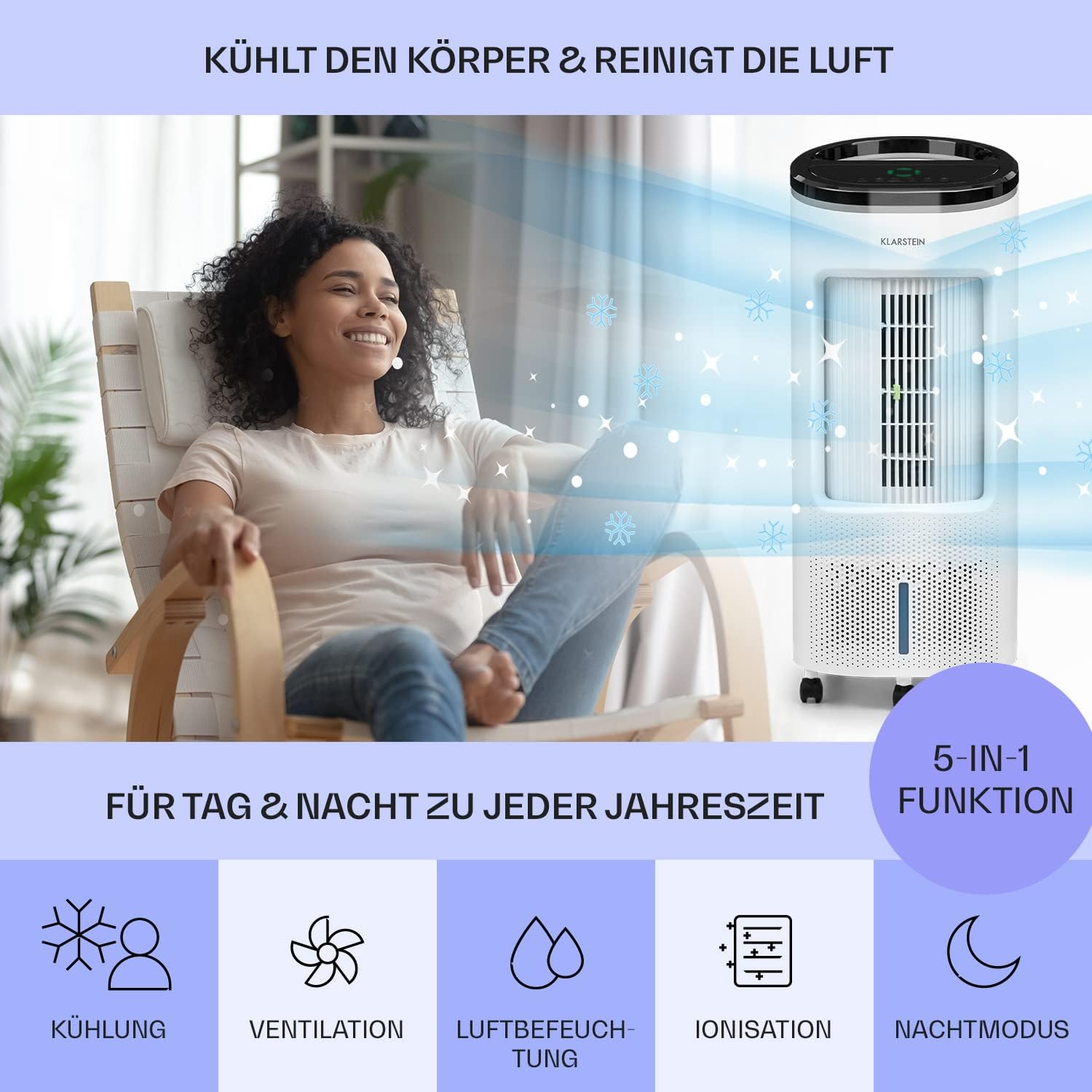 Klarstein Luftkühler mit Wasserkühlung, Leiser 4-in-1 Verdunstungskühler, Luftbefeuchter, Ventilator & Nachtmodus, Mobile Klimageräte Luftkühler 7L, 65W Air Cooler, 330m³/h Kühlender Luftstrom