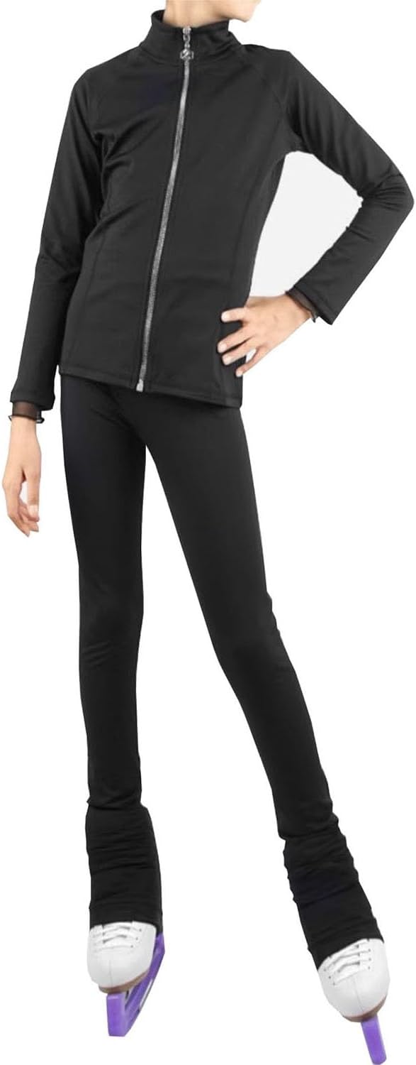 Eislauf-Outfit für Mädchen, Eiskunstlaufjacke, Eiskunstlaufhose, warme Eiskunstlaufhose für Mädchen, Strass-Leggings,Schwarz,L