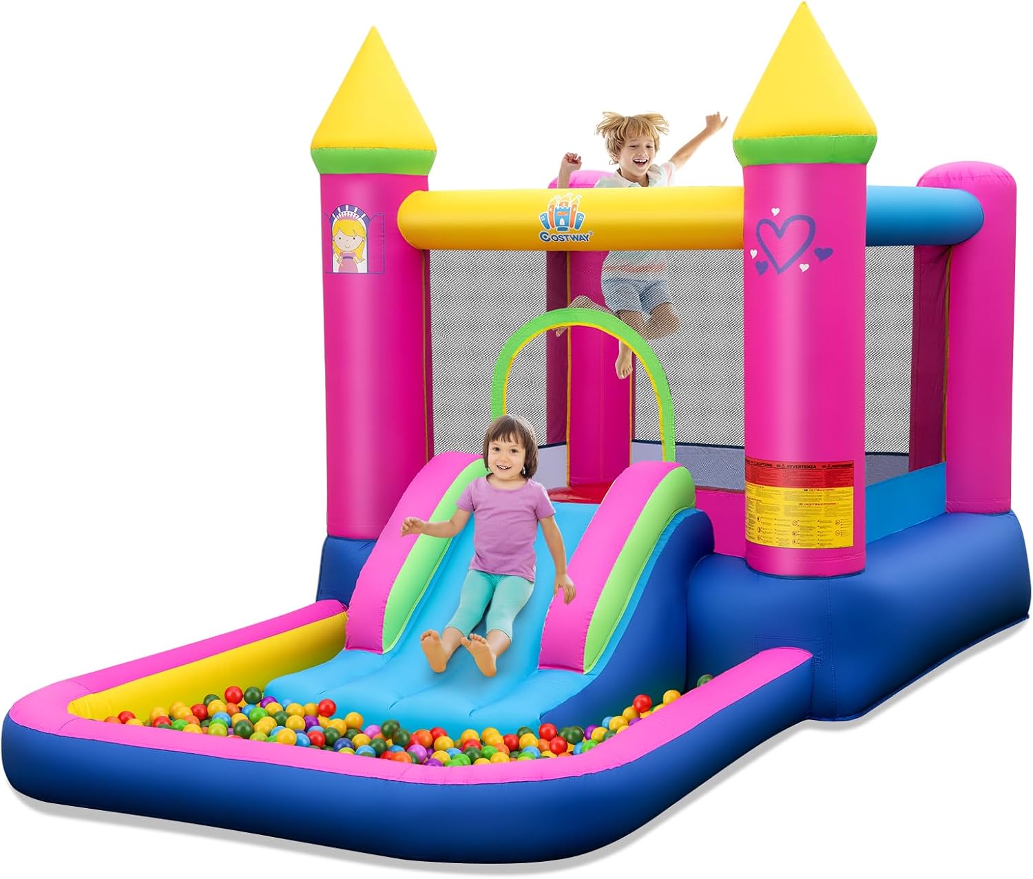 COSTWAY 4-in-1 Castello Gonfiabile per Bambini, Castello a Tema Principessa con Scivolo, Area Salto, Canestro da Basket e Vasca per Palline, Giochi Gonfiabile per 3-12 Anni (Senza Soffiatore)