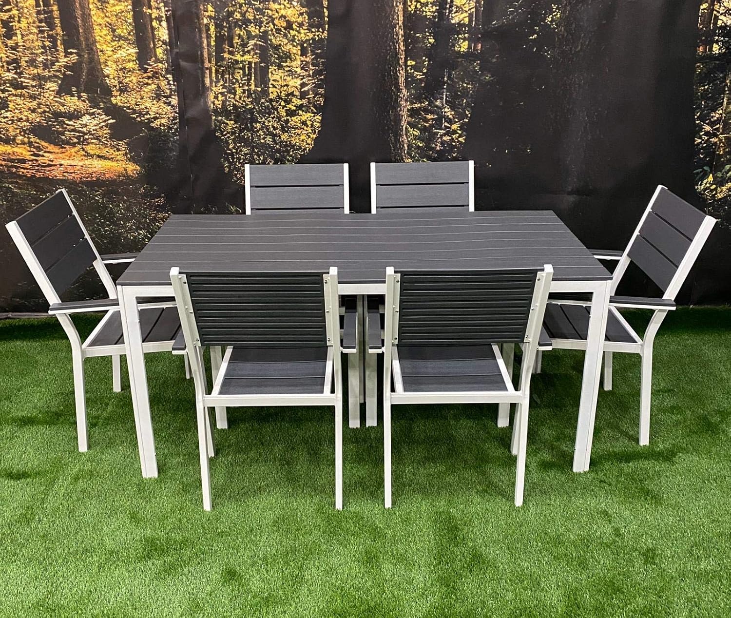 Table Set with Garden Chairs Complete Table with 6 Outdoor Armchairs White Metal Frame and Slats in HPDE Grey Teak Effect