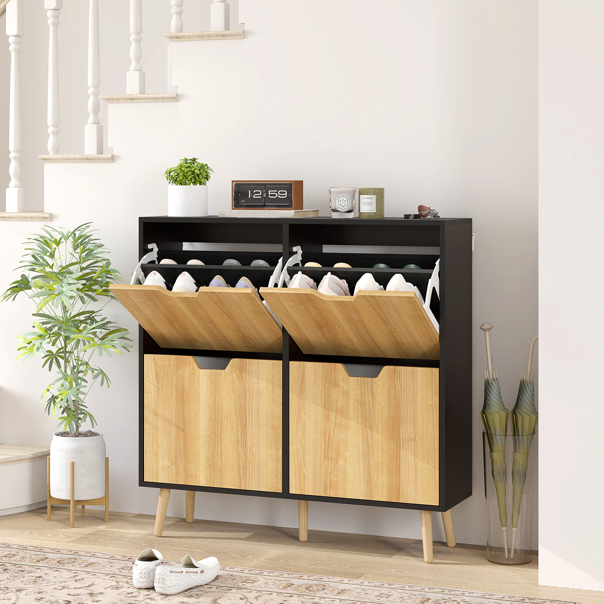 HOMCOM Schuhschrank 4 Klappen 16 Paare mit verstellbarem Regal Kiefernholzfüße 95 x 26 x 95 cm Natur