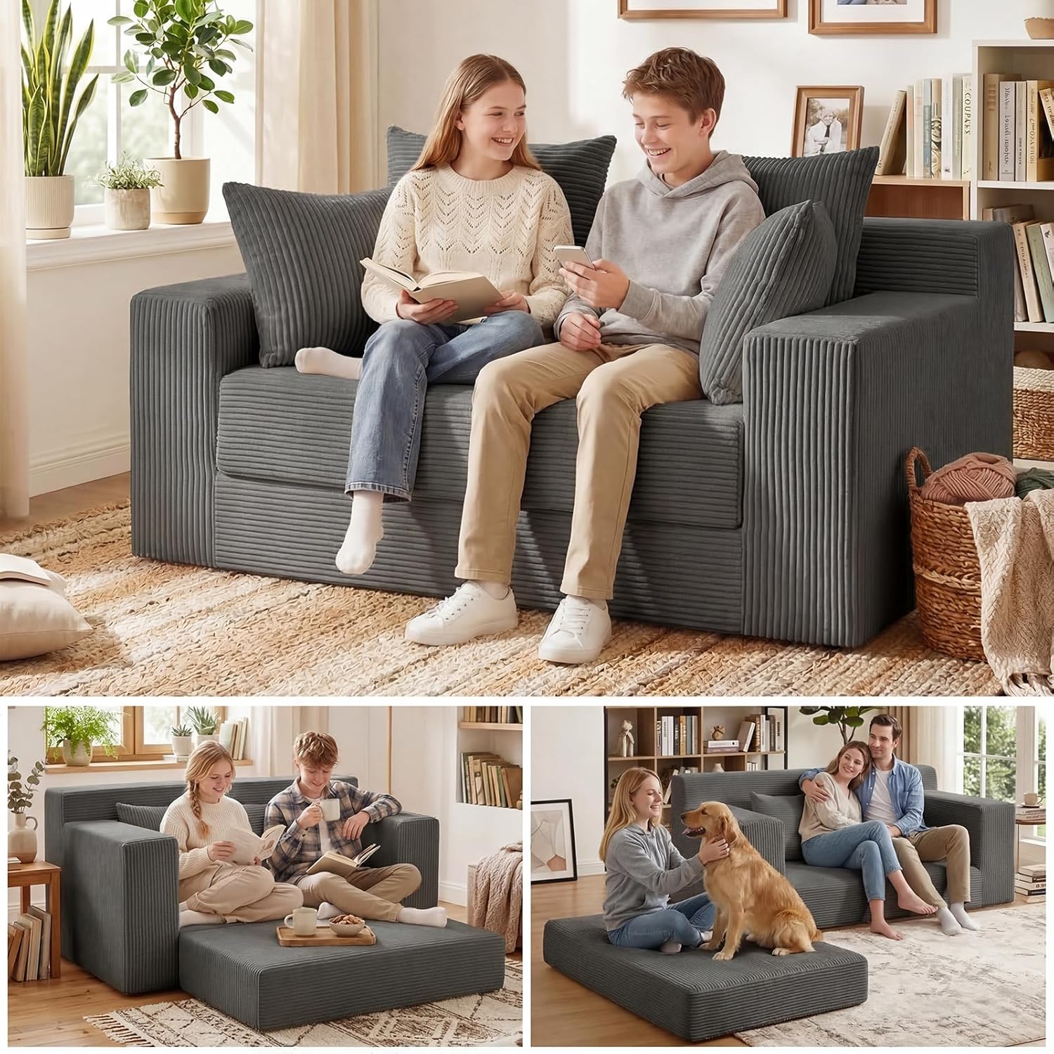 5 in 1 Convertible Sofa Bed,Small Boneless Couch Pull Out Loveseat Sleeper Sofa,Corduroy Futon Couch Folding Mattress with 4 Pillows for Living Room Bedroom Lounge (No Assembly)