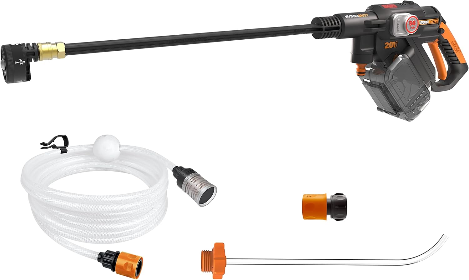 WORX WG633E.9 Hydroshot Akku-Hochdruckreiniger 20V - 56 Bar Max. Druck - zur Reinigung & Bewässerung - leistungsstarker bürstenloser Motor - 5-in-1 Druckdüse - ohne Akku & Ladegerät, Schwarz