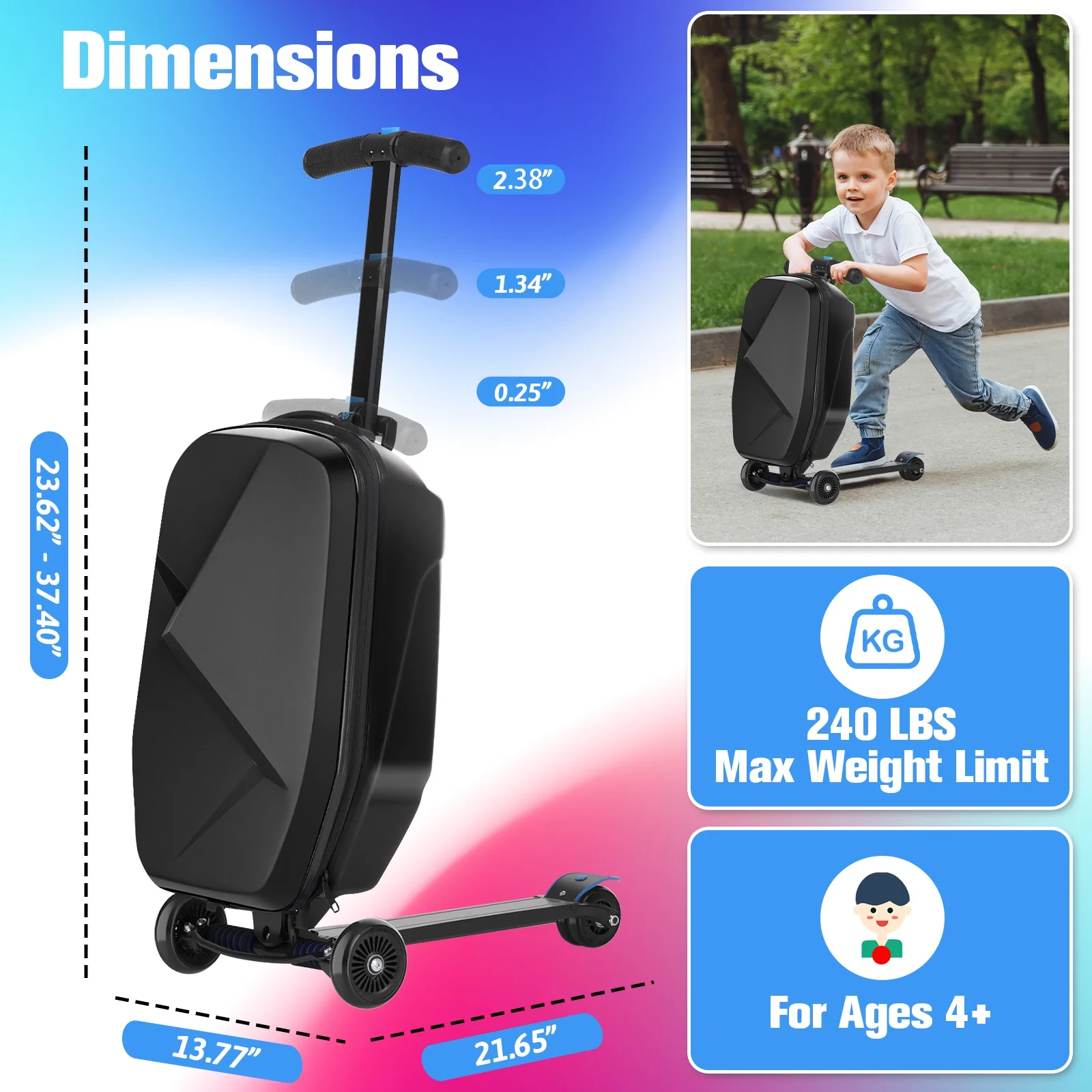 Advwin Scooter Luggage for Kids & Adults, Hardside Ride on Suitcase for Kids Ages 4-15 Multifunctional Lightweight Foldable Carry on Luggage with Wheels Ride on for Children Teenagers, Pink