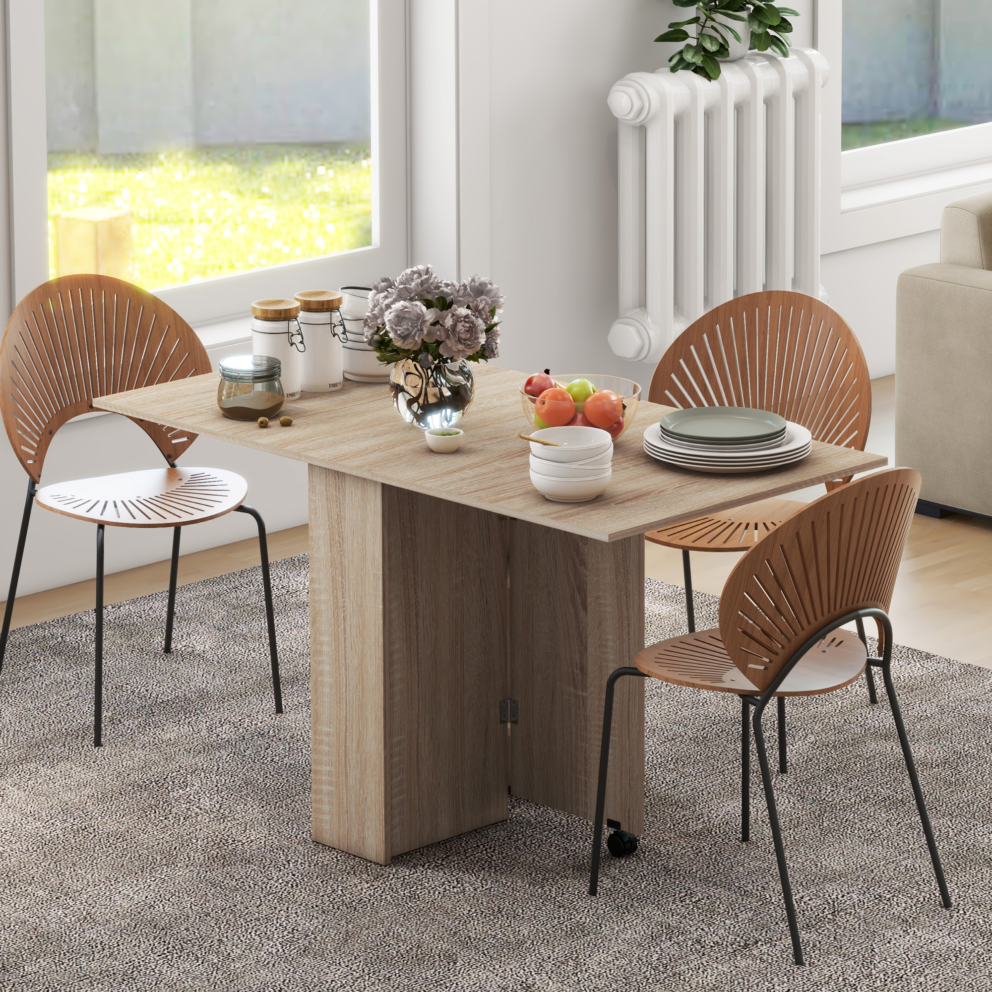 HOMCOM Klapptisch mit Rollen, 2 klappbare Tablettablagen und 2 integrierten Regalen 140 x 80 x 74 cm Natur