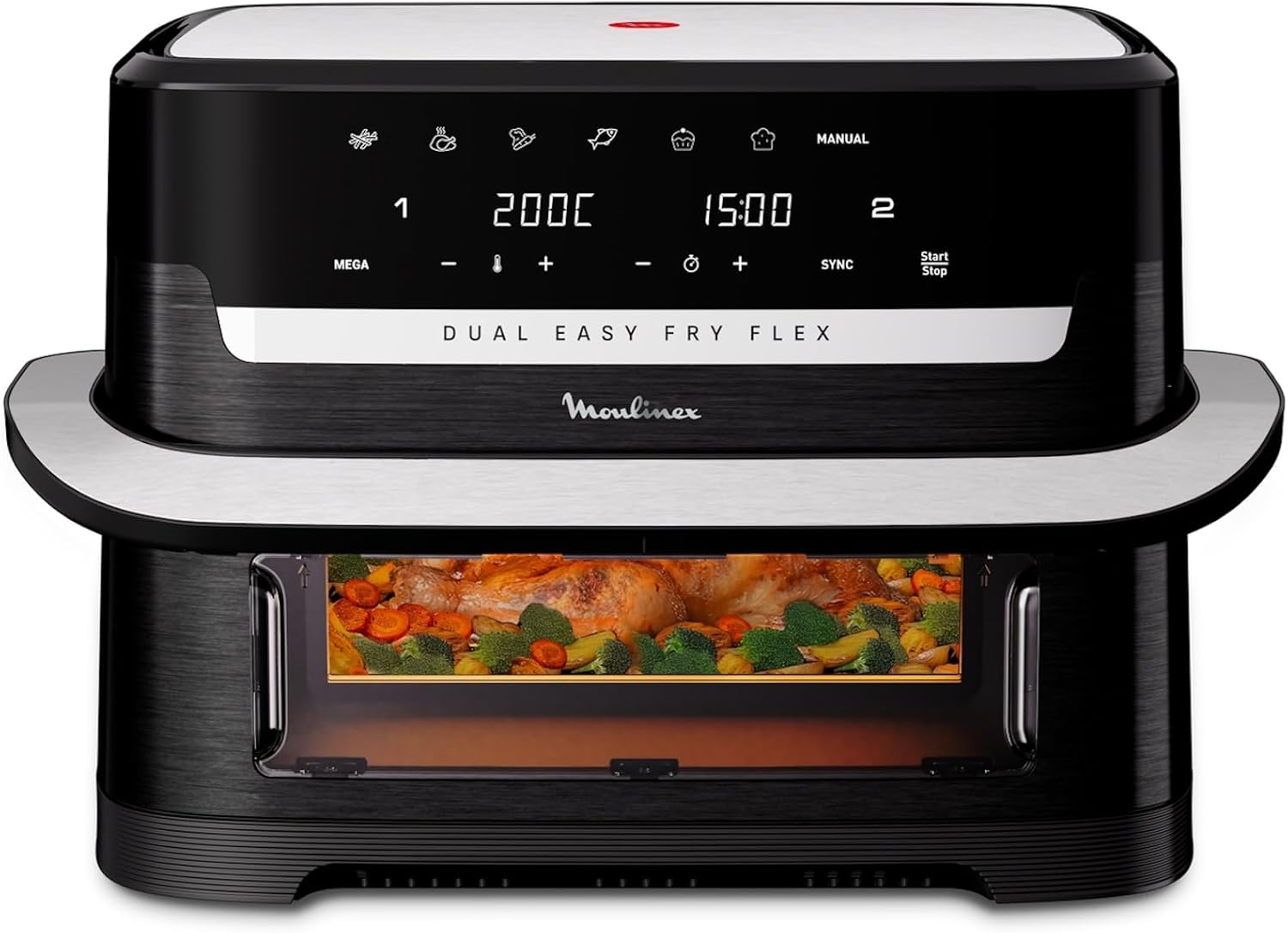 Moulinex Dual Easy Fry Flex Friggitrice ad Aria con Divisore, 2 Scomparti, FlexCook Technology, 2 resistenze superiori, Capacità fino a 9L/2,5kg, 8 Persone, 2700W, 7 Programmi, App My Moulinex, EZ9228