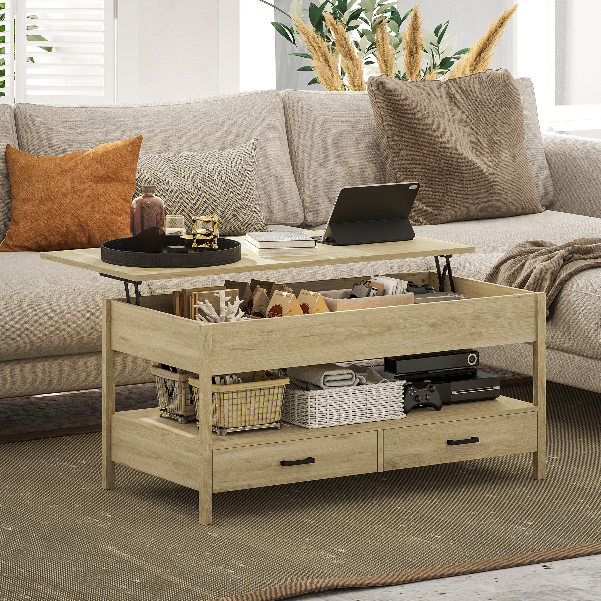 HOMCOM Höhenverstellbarer Couchtisch mit Schubladen und verstecktem Fach für Wohnzimmer, Home-Office, Eiche