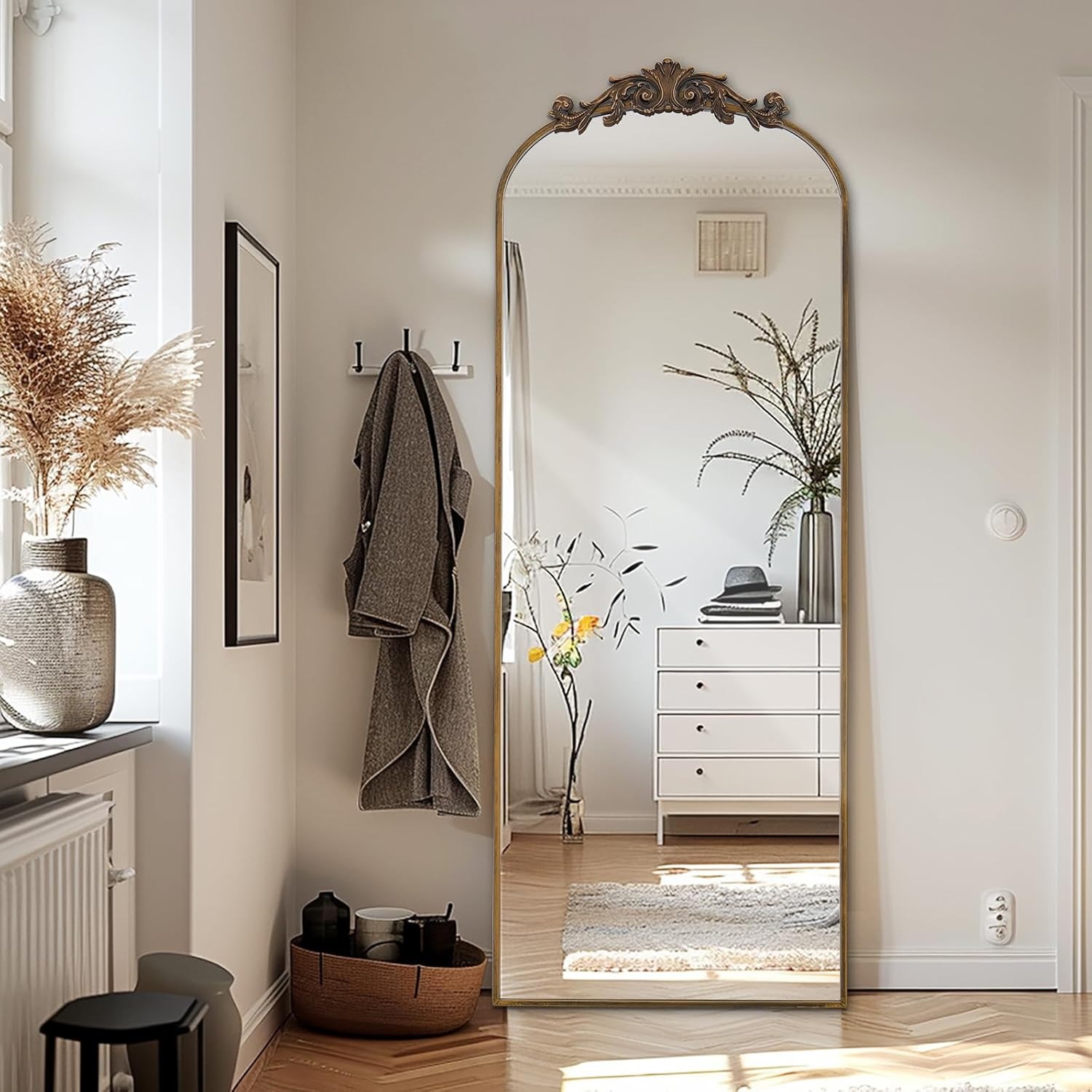 LunaMirror Filigree Specchio da appoggio, 162 x 52 cm, stile vintage, Sierlijke Gesneden Applicatie Retro Home Decor Specchio da parete per Woonkamer Slaapkamer Hal Entree, oro