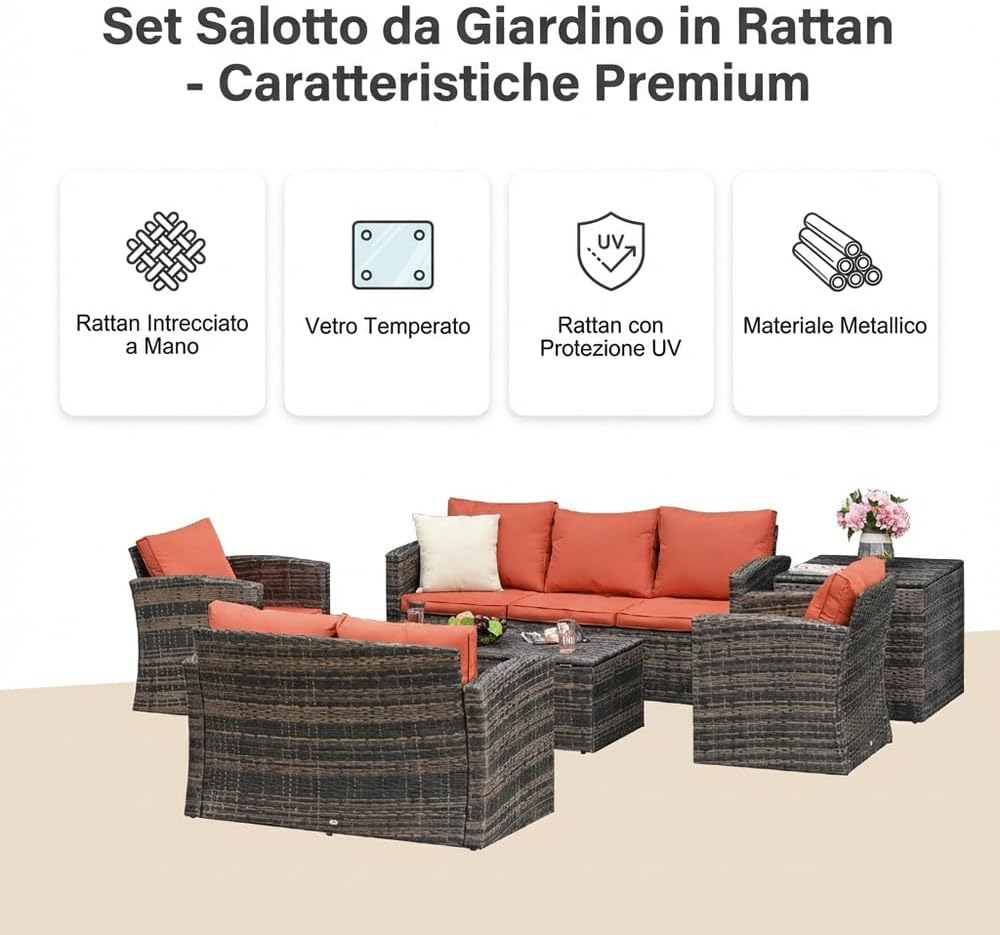 Salotto da Giardino Esterno Set Mobili 2 Divani 2 Poltrone e Tavolino con Cuscini in Rattan Pe Marrone Arancione