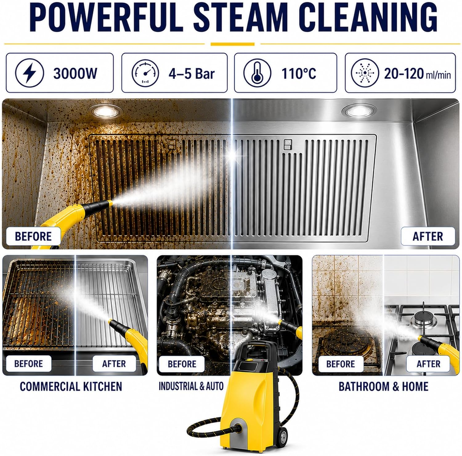 Pulitore a Vapore Industriale 3000W Alta Pressione Yellow