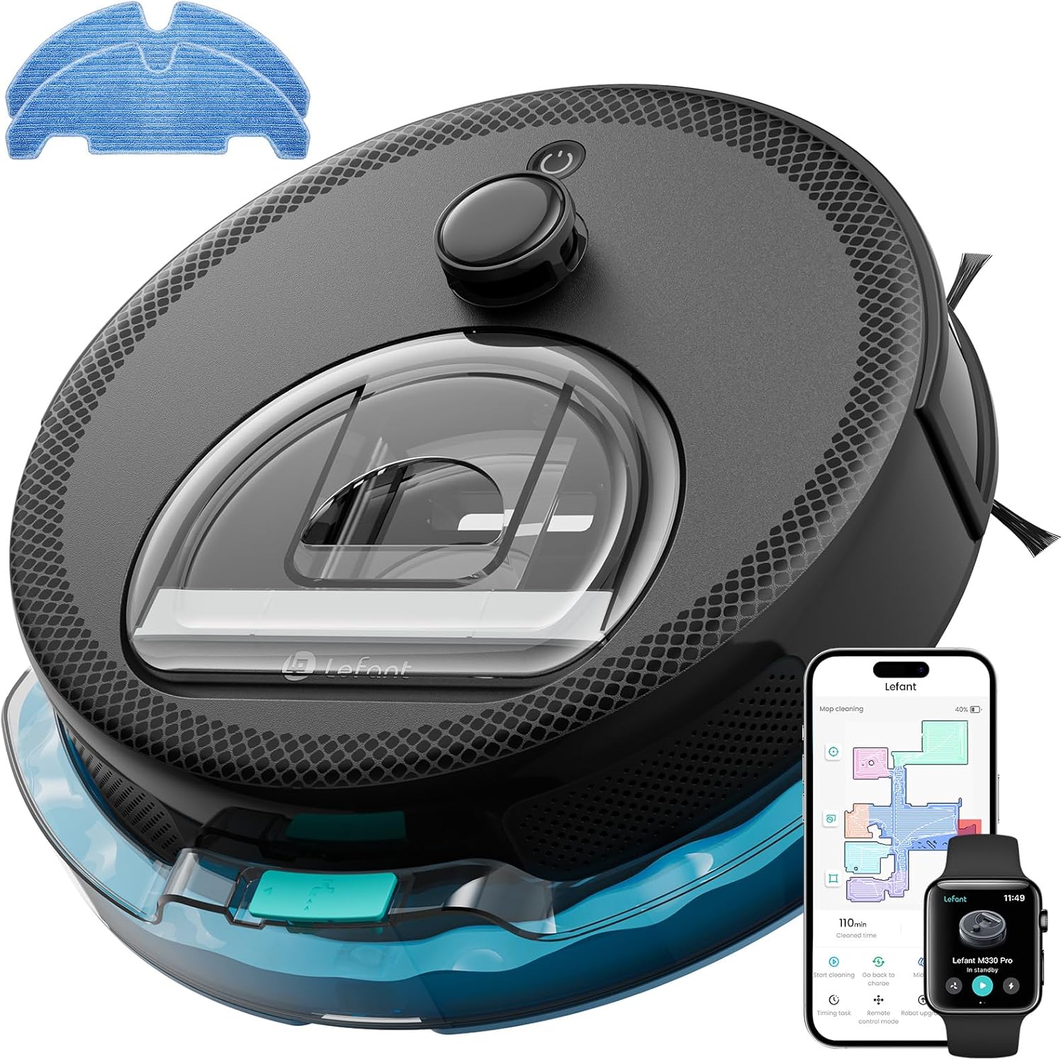 Lefant M330Pro Robot Aspirapolvere Lavapavimenti con Mappatura, Navigazione dToF, 5000Pa, Evitamento PSD, Riconoscimento Tappeti, WiFi Alexa APP, per Peli Animali, Tappeti e Pavimenti Duri, Nero