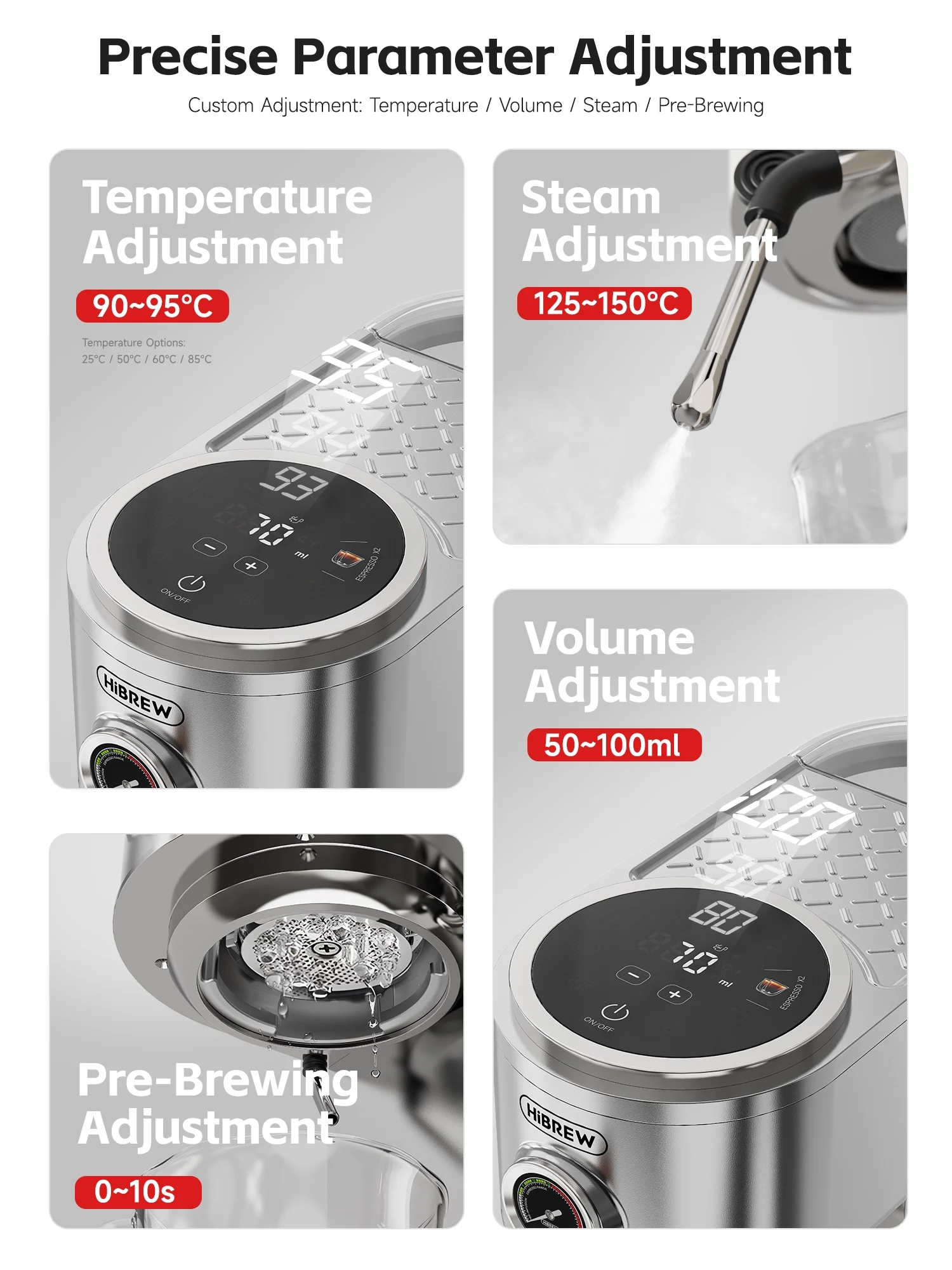 HiBREW H13 Semi-Automatic Espresso Maker - 6 Programmable Drink Modes, 1.3L Water Tank & Adjustable Pre-Infusion