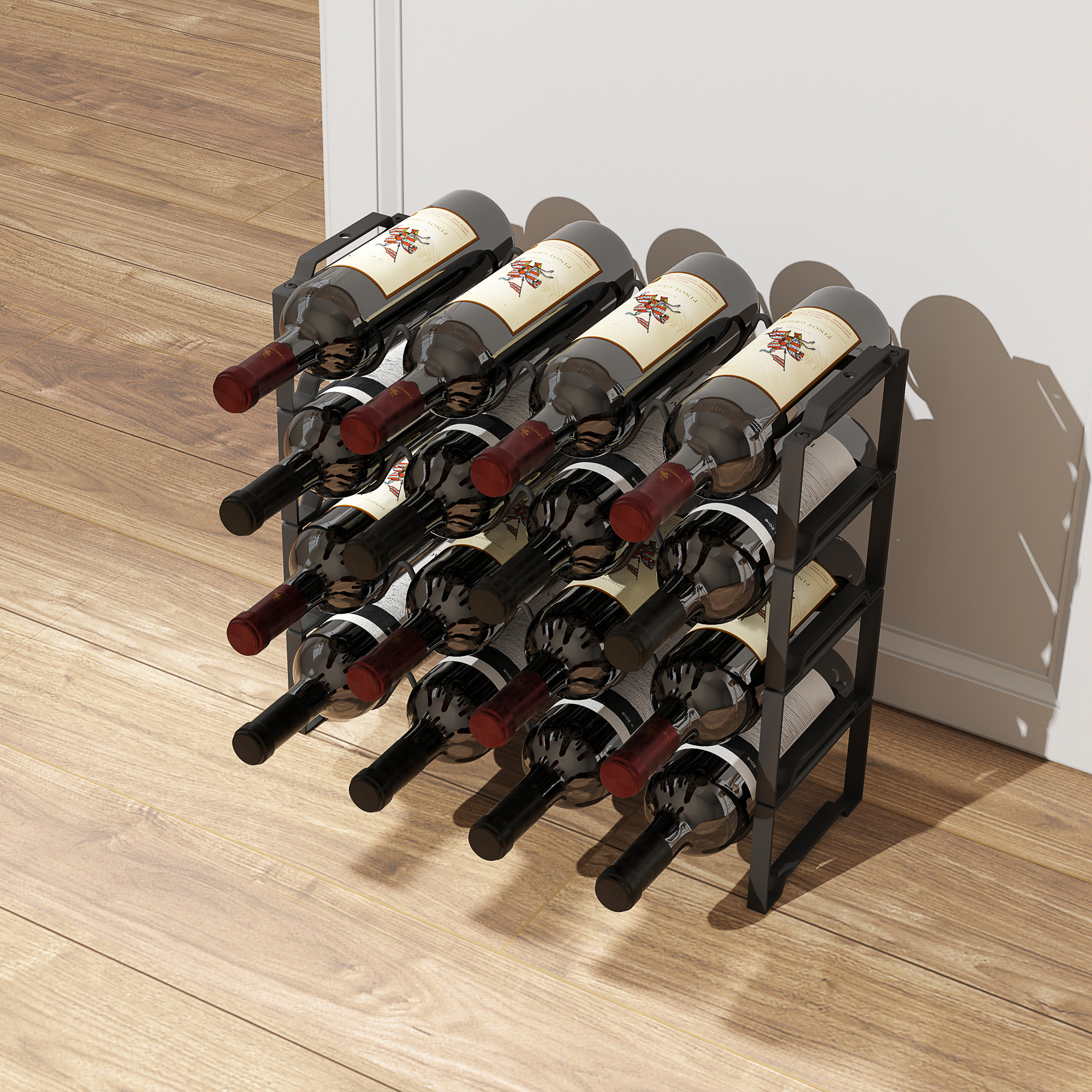 HOMCOM 4-stufiges Weinregal, freistehendes Regal für 16 Weinflaschen, Metall, Schwarz