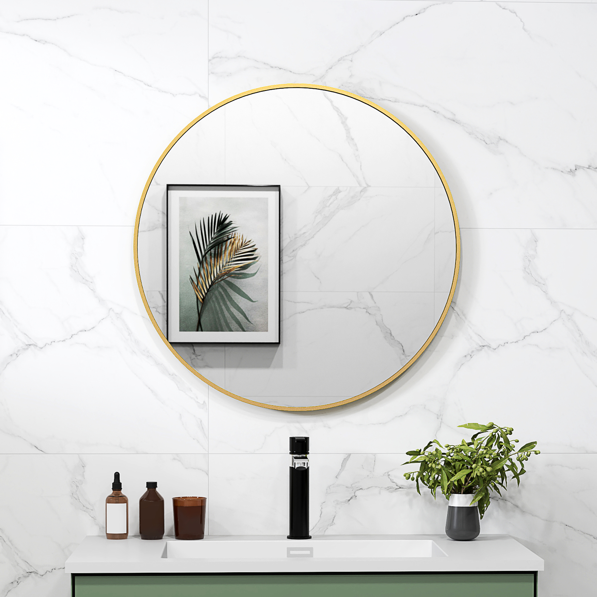 HOMCOM Runder Spiegel Badezimmerspiegel Metallrahmen leicht zu installieren, für Schlafzimmer, Wohnzimmer, Eingang, Ø 70 x 2,5 cm Gold