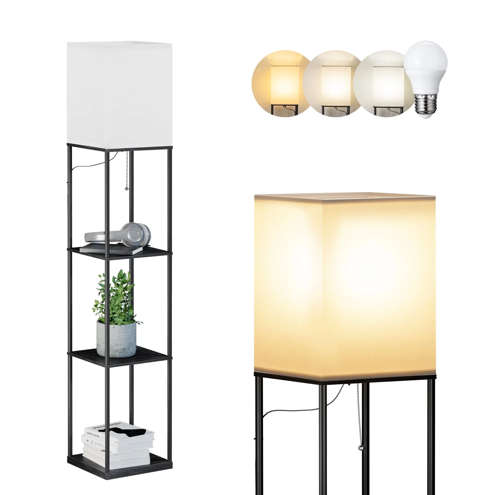 Modern Iron Shelf Floor Lamp with 3-Way Dimmable LED Bulb, Shelves and White Shade for Living Room and Bedroom(Black)