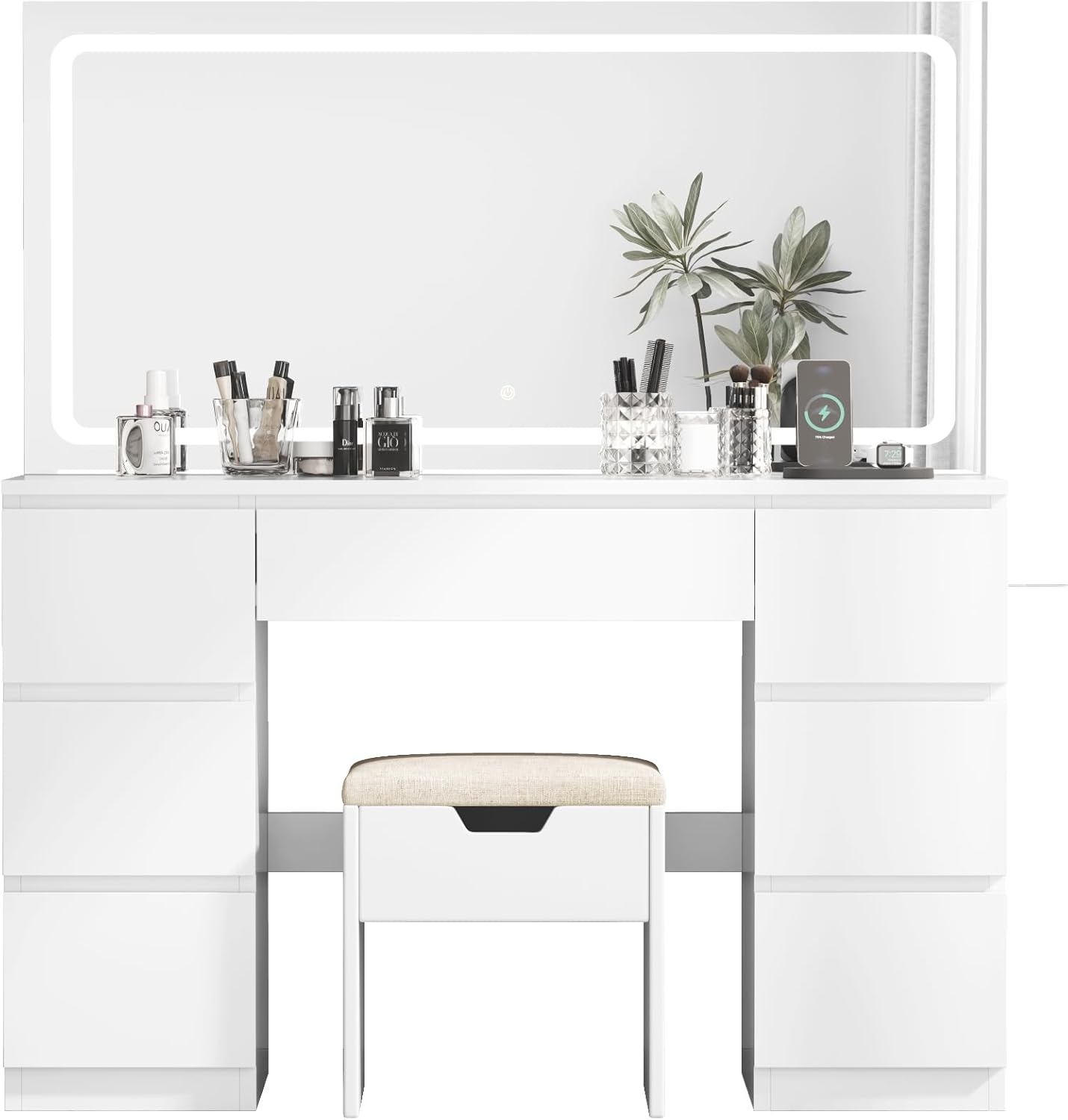 Schminktisch Groß mit Spiegel und LED Beleuchtung 115cm,Farbtemperatur Einstellbar, 7 Schubladen Schminktisch mit Steckdose Dressing Table mit Hocker,115x40x139cm,Weiß