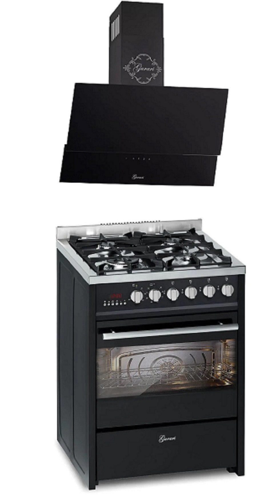 Gas-Standherd 60 cm Schwarze Gasherd mit Elektrobackofen 60 L, Erdgas/Propangas, 4 Kw, WOK, Range Coocker mit Dunstabzugshaube 60 cm, Schwarz Glas,1000m³/h, Randabsaugung GCH E 610 BL+GCH 268 BL 6 PRIME