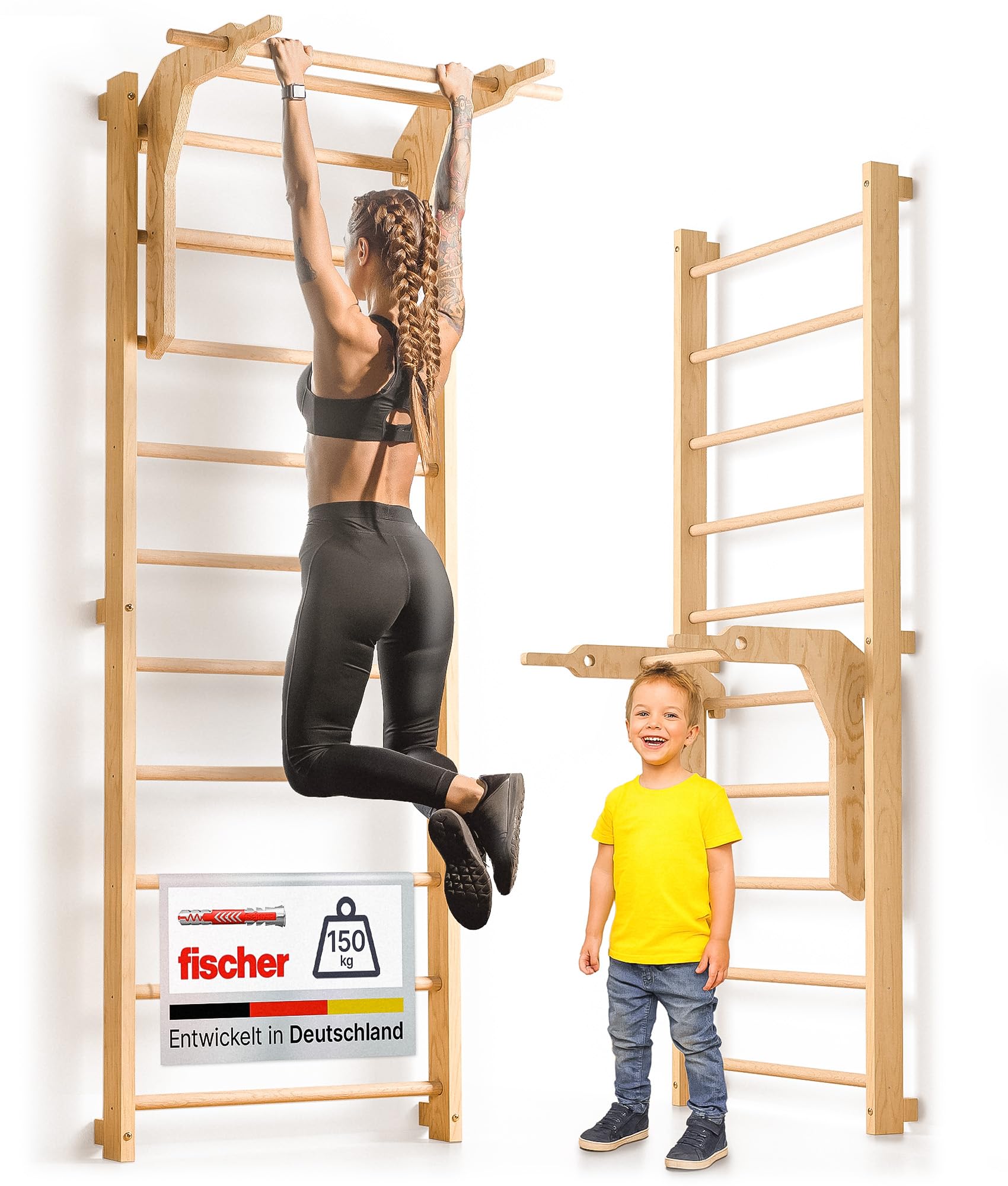 Sprossenwand für Erwachsene und Kinder mit Klimmzugstange und Dip Extension Kletterwand für Kinderzimmer
