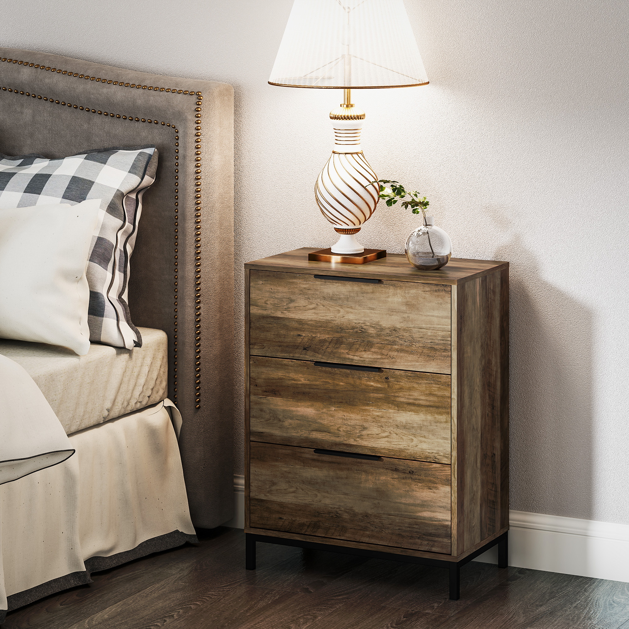 HOMCOM Schubladenkommode mit 3 Schubladen Antikippsystem und Schwarzen Griffen, aus Holz und Metall, 62x35x82 cm, Dunkelbraun