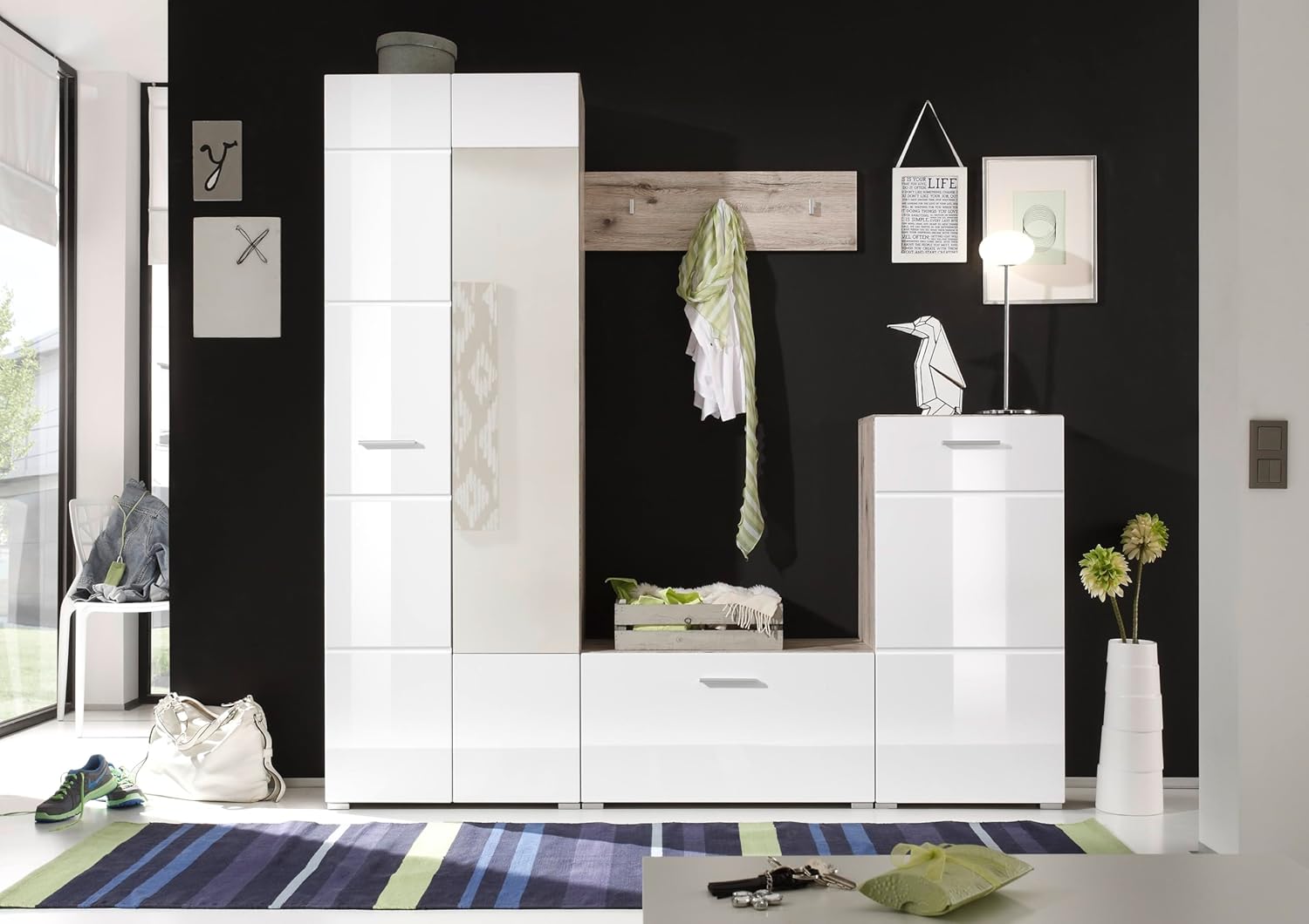 AVANTI TRENDSTORE Tiriolo Complete Wardrobe in Laminated Wood in Gloss White and Sand Oaks, Consisting of Wardrobe, Bench, Dresser and Shelf. Dimensions WxHxD 195x195x36 cm