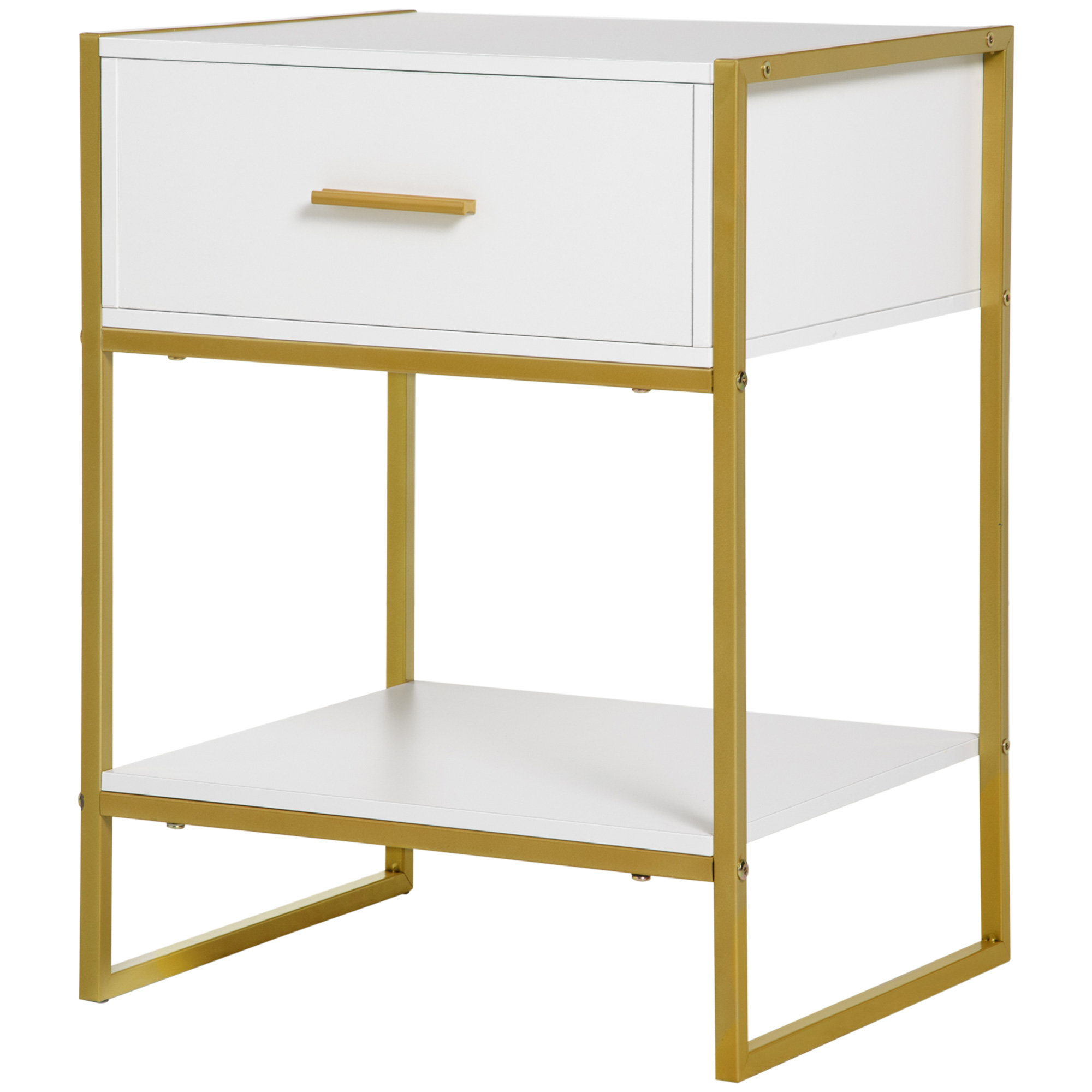 HOMCOM Nachttisch Nachtkommode mit Schublade Regal und Griff Stahlrahmen für Schlafzimmer 45 x 40 x 60 cm weiß
