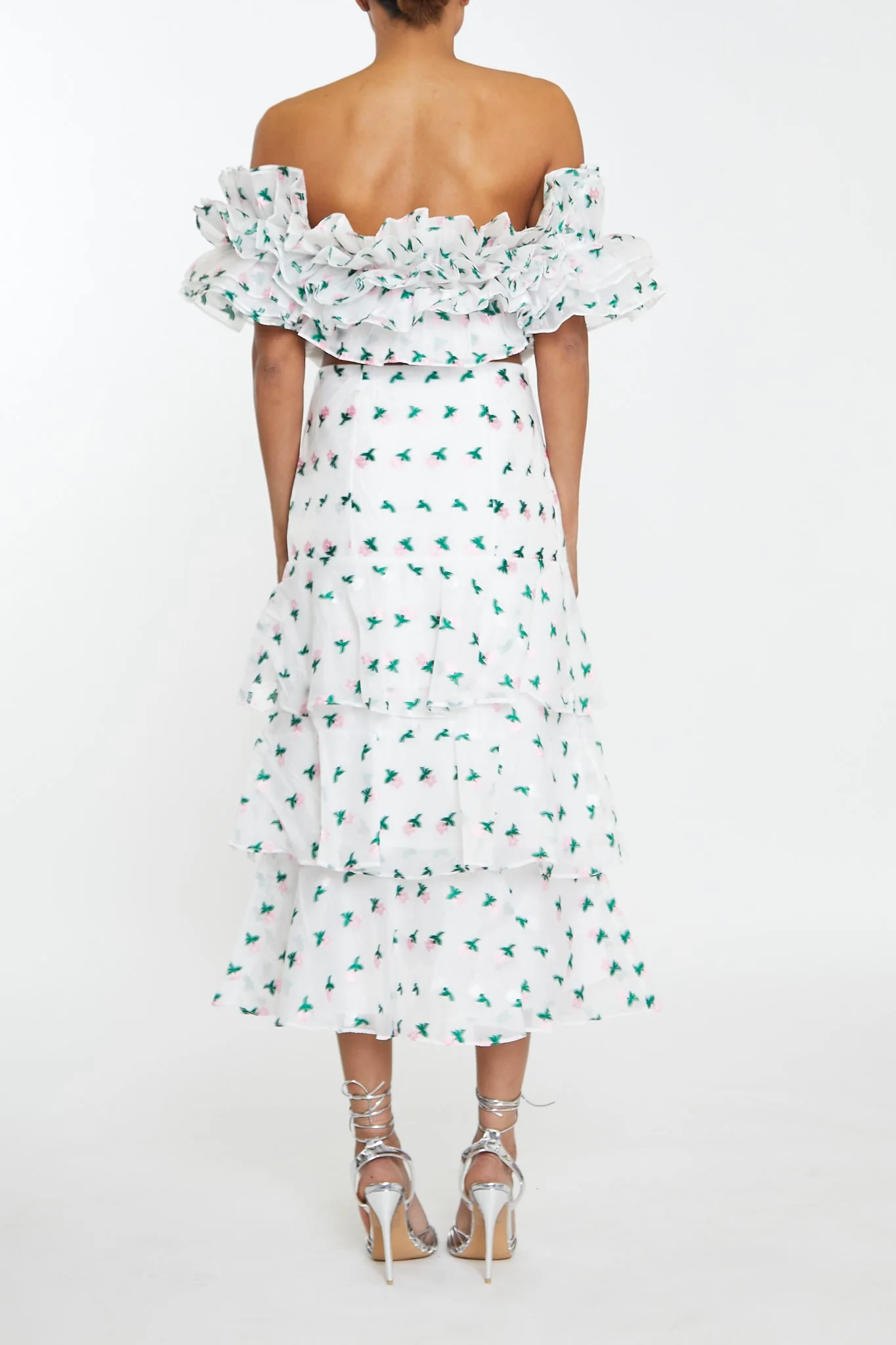 Scarlett Co-ord White-Pink Floral Organza Tiered Ruffle Midi Skirt