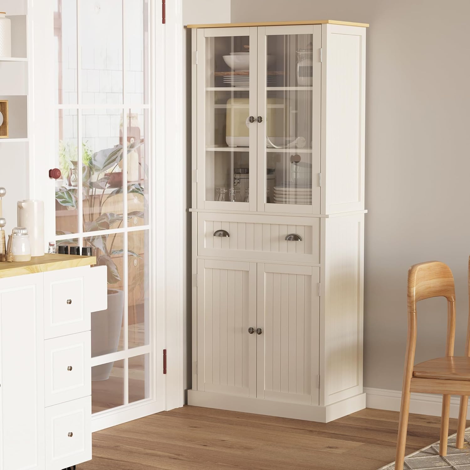 HOMCOM Mobile Dispensa a 5 Livelli con Cassetto Centrale, Dispensa per Cucina, Sala da Pranzo e Soggiorno con Ripiani Regolabili e Ante in Vetro Temperato, 76x40x182.5 cm, Bianco Crema