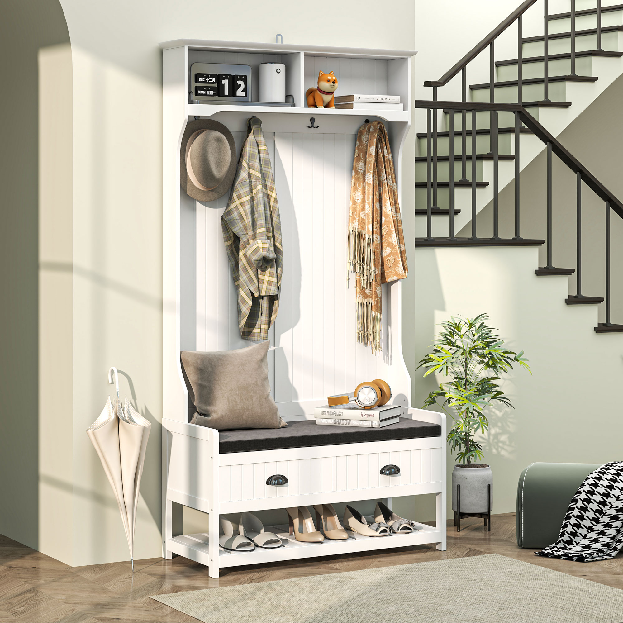 HOMCOM Garderobenständer mit Haken, Garderobe mit Schuhbank, für Eingangsbereich, Flur, Metall, MDF, Weiß+Grau