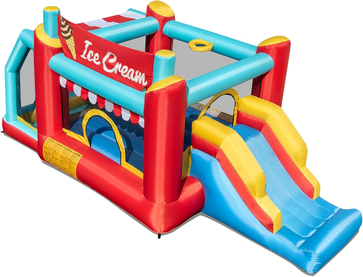COSTWAY 5 in 1 Inflatable Ice Cream Castle for Children with Slide, Basket, Trampoline and Bath, Inflatable Toy with Rings and Balls for Indoor and Outdoor