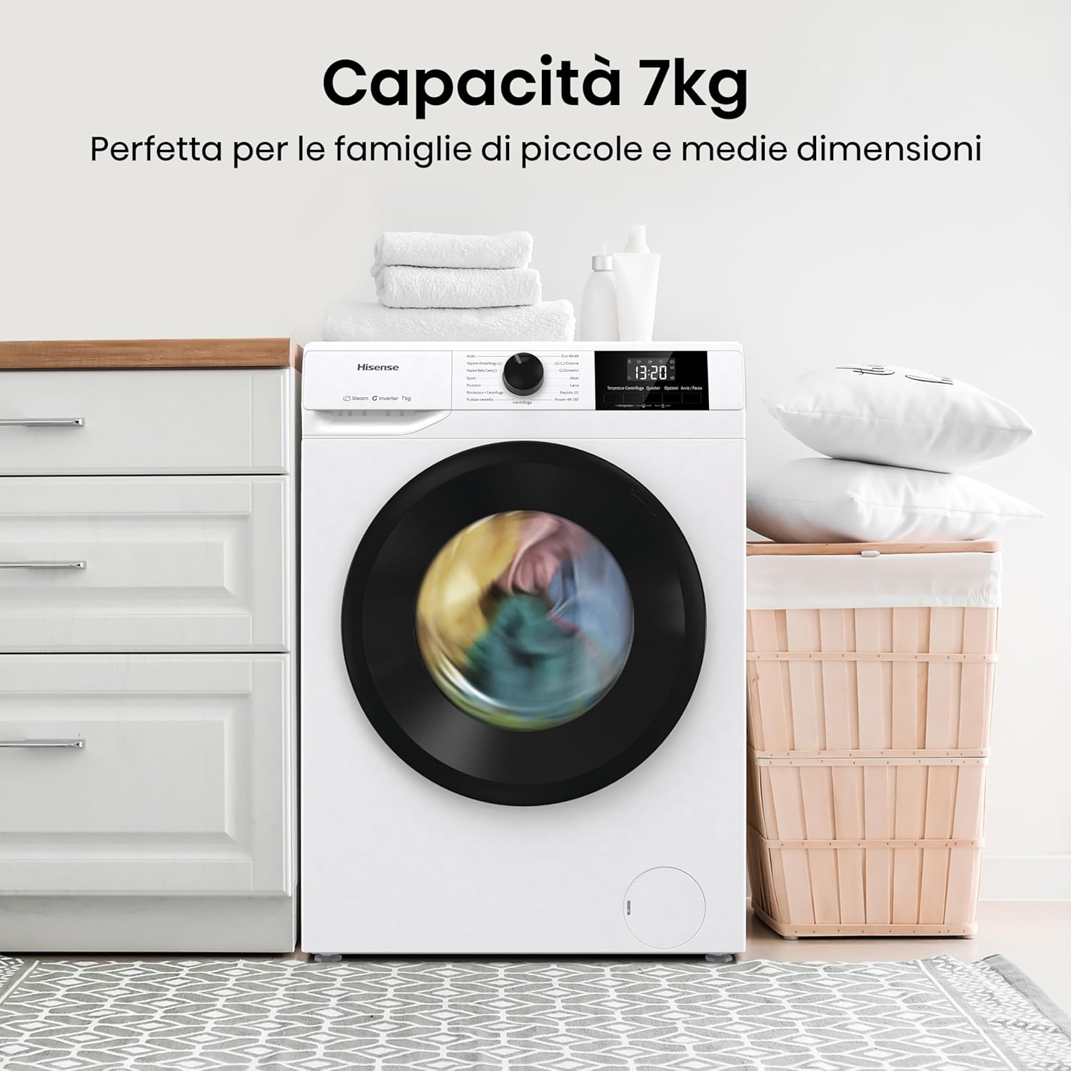 Hisense WFVB7012EM Front Load Washing Machine 7 kg 1200 rpm 15 Programs Steam LED Display Rapid Program Delay Start Child Lock